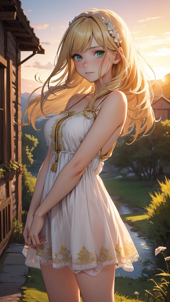 ( masterpiece : 1.3), (8k, realistic, foto RAW,  best quality: 1.4, body close up)  A girl (blonde, long hair in the wind, Large green eyes, freckles on the face, a kind look) peasant dress (  roupas molhadas, see-throught dress, dress straps down, White dress with yellow details, sideboob view,  short dress)  high leather boots ,  fantasy environment  ( Surroundings of a village , life in the countryside, sunset)