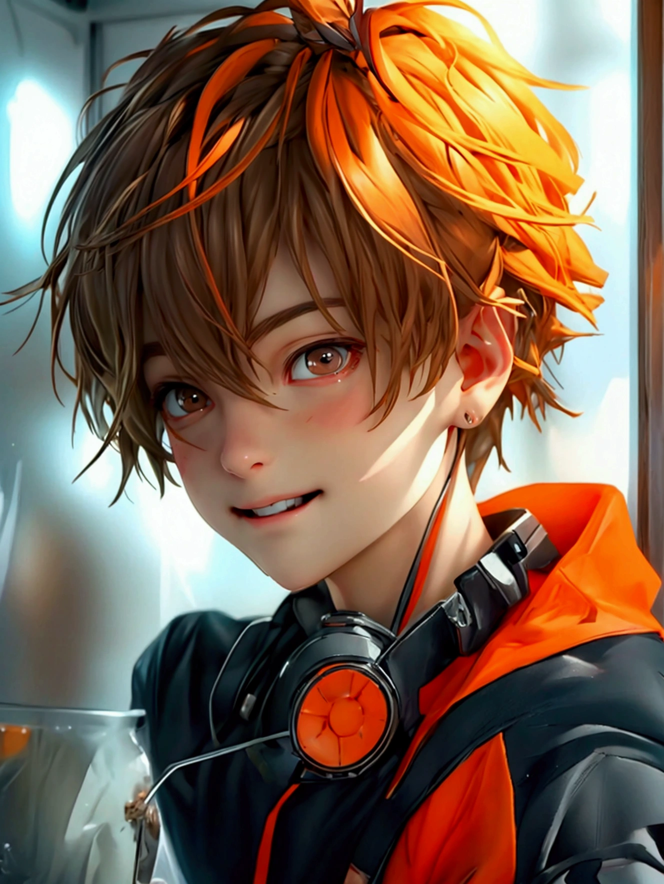 (Very realistic, concentrate、High resolution, Detailed face, Detailed Hair,fine grain)，Official Art，8k wallpaper，figure，((One boy)), Shorthair with light brown hair、Light brown eyes、smile, Trendy clothing，sneakers，whole body，orange hair, 