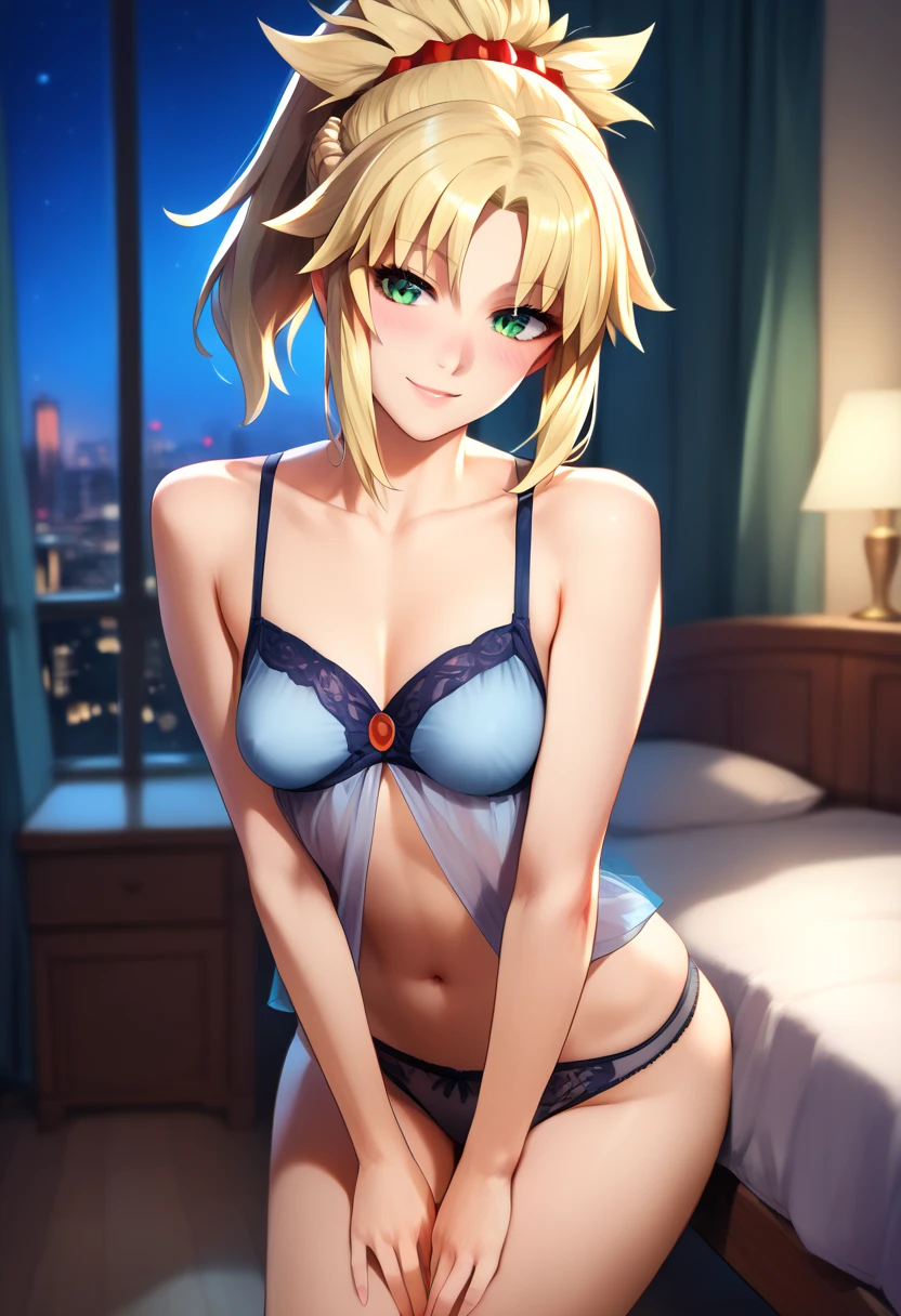 high resolution,1People Girls,beautiful girl,whole body,looking at the camera,Smile,Open your mouth a little,Sticking out tongue,ponytail,Blonde,blue eyes,Black Bra,Black underwear,garter belt,Watery eye,Drooling,Purple fingernails,Put your left hand on the ground,Right hand on lower lip,Sit on the brown sofa,Spread your legs,Left shoulder(K)Tattoo,Dimly lit room,Orange lighting,