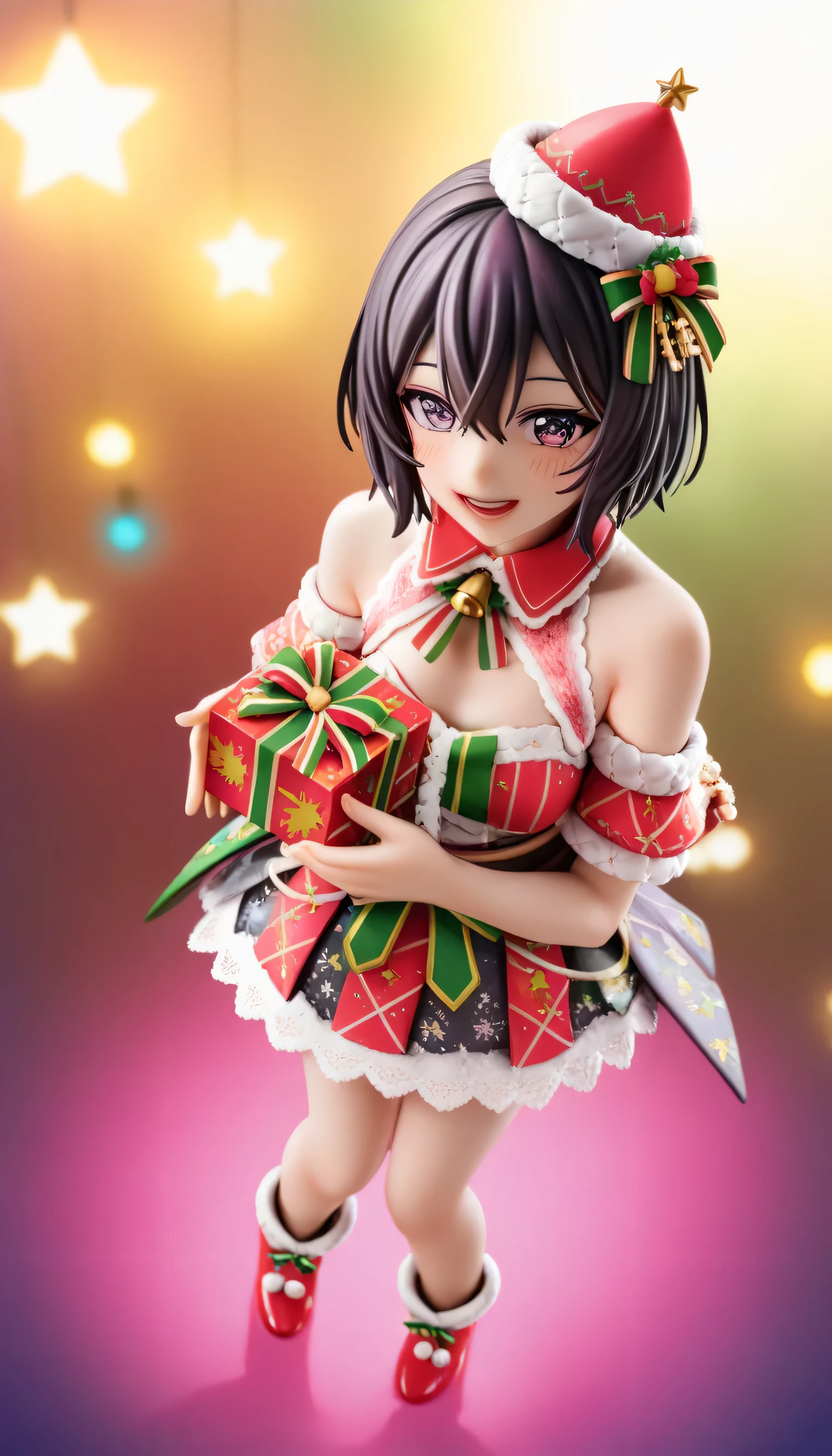 photorealistic, full body,kawaii japanese woman, japanese idol, cute Knit,colorful open chest , He is holding a box with Christmas presents in both hands,reaching out dynamically, surrounded by STAR, wearing mini lace pointed hat, detailed costume, dark and colorful setting , kawaii Christmas decorations, vibrant colors, soft lighting, from above, kawaii,
