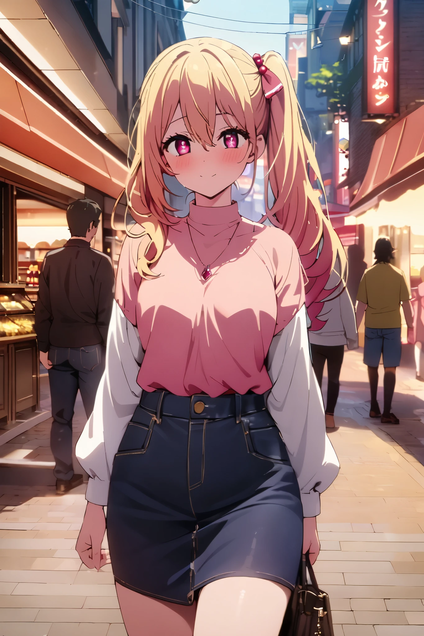 NSFW,masterpiece, top quality , high res, very detailed,Hoshino Ruby\(My Favorite \),Star-shaped pupils, long hair, side ponytail,Blonde, casual clothes,Date,bustling street