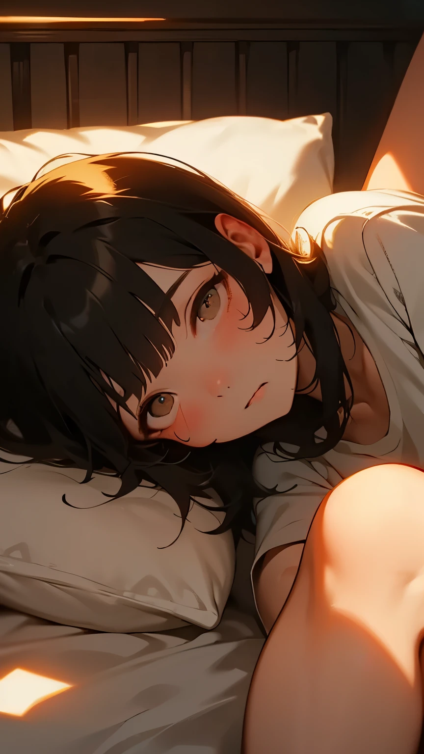 Black hair bob, white long T-shirt dress, lying on back in bed, knees bent