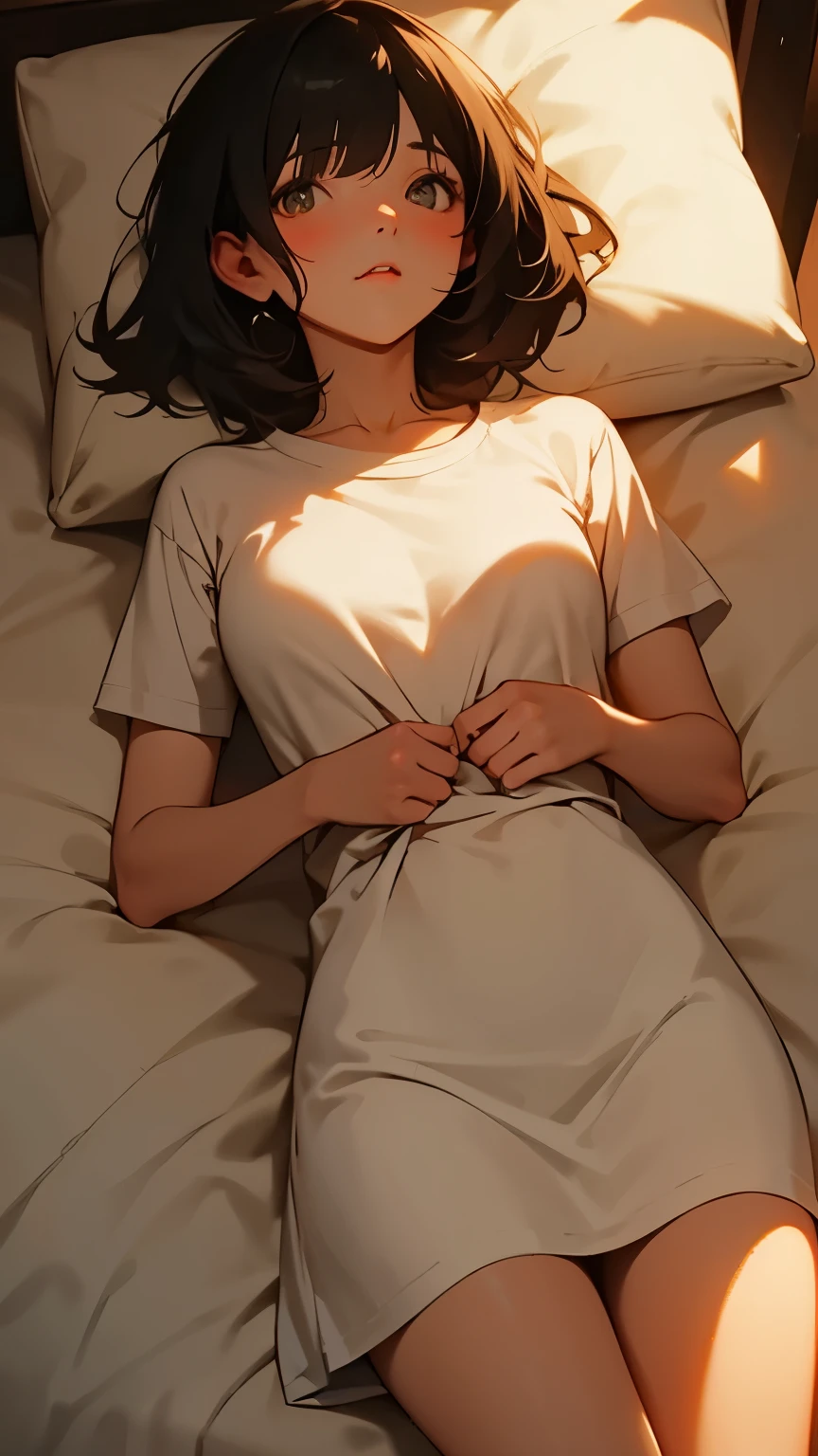 Black bob hair, white long T-shirt dress, lying on back in bed