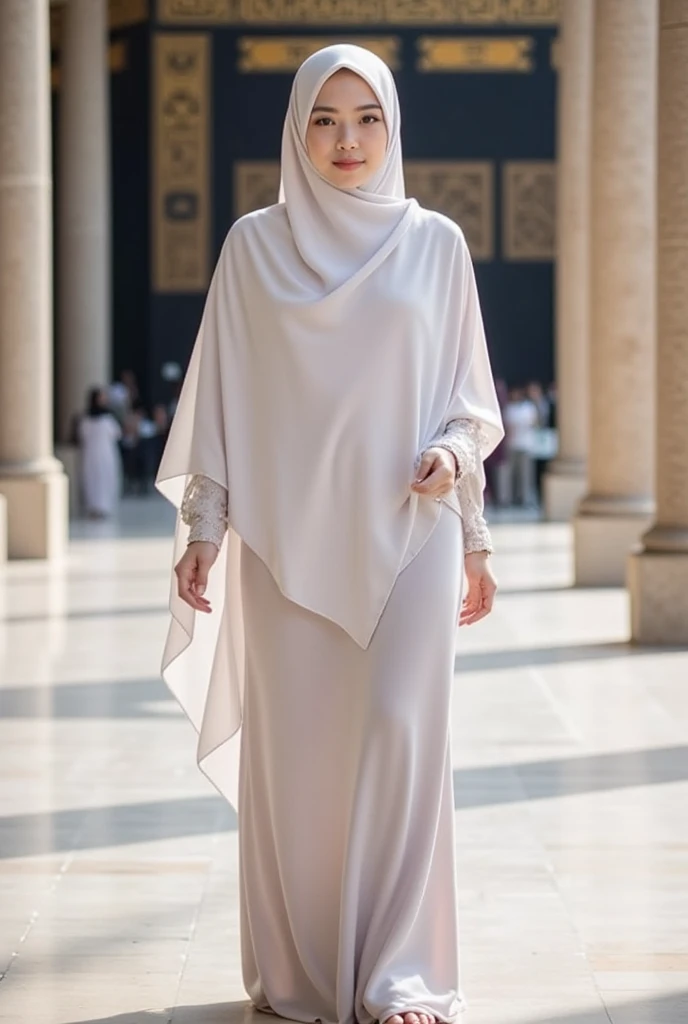  Beautiful indonesian woman, a bit chubby, wearing white hijab and muslim dress, standing on white marble floor, kaabah in the background, look at the viewer, cinematic light. 