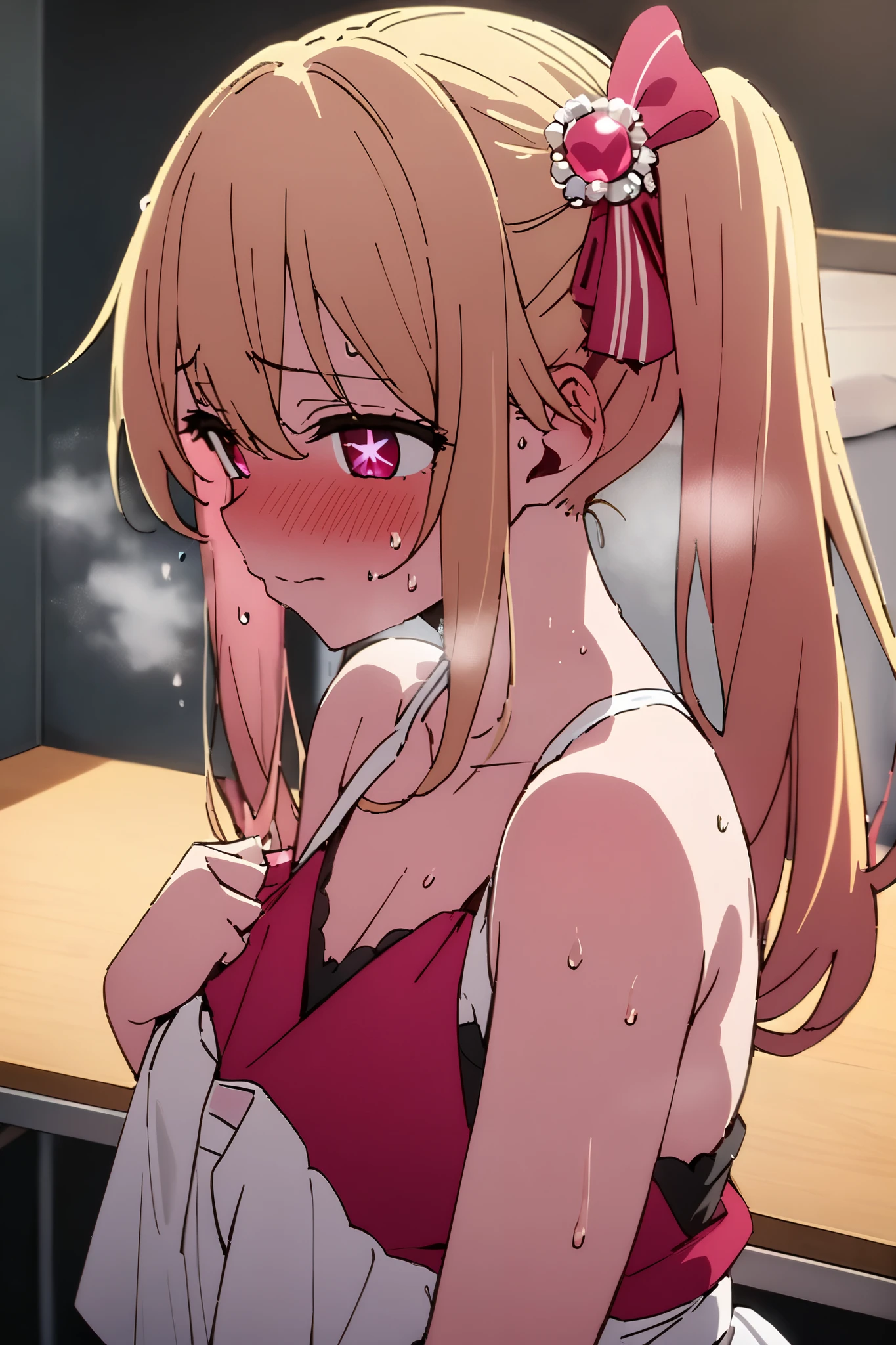 NSFW,masterpiece, top quality , high res, very detailed,Hoshino Ruby\(My Favorite \),Star-shaped pupils, long hair, side ponytail,Blonde,Idol,dressing room,sweat,Heavy breathing
