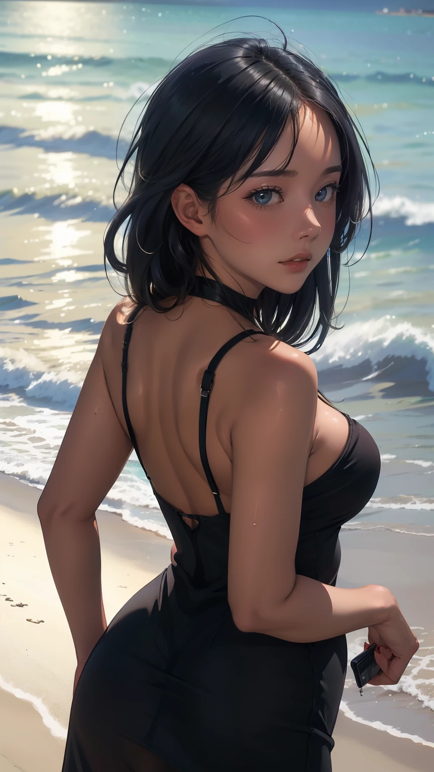 (best quality,4k,8k,highres,masterpiece:1.2),ultra-detailed,(realistic,photorealistic,photo-realistic:1.37),beautiful detailed eyes,beautiful detailed lips,extremely detailed eyes and face,longeyelashes,sexy pose,tall and slim figure with long legs,ash-colored ponytail hairstyle,beach background with stormy weather