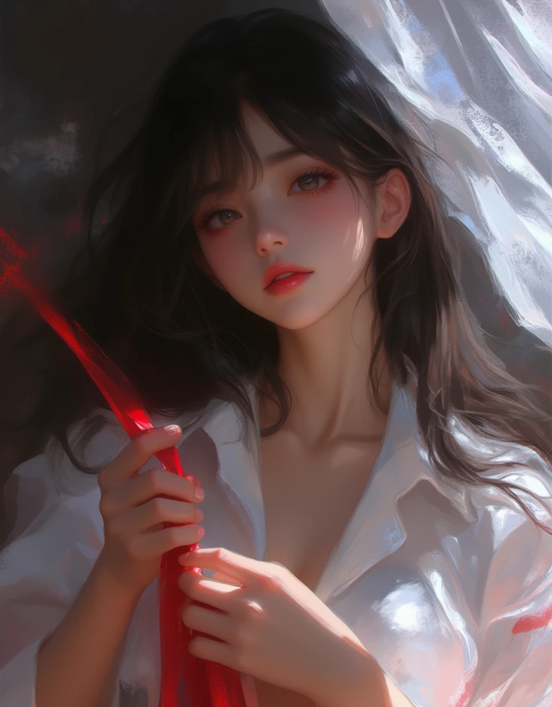 anime girl with long black hair and white shirt with a slight opening in the front, holding a red ribbon tie, hinata hyuga, she has black hair with bangs, junko enoshima, iwakura lain, shikamimi, shirabii, tumblr, Dreamy, Erotic vibes, a-1 pictures, rei hiroe, kimi takemura, as an anime character, abstract, Blurred, Perspective