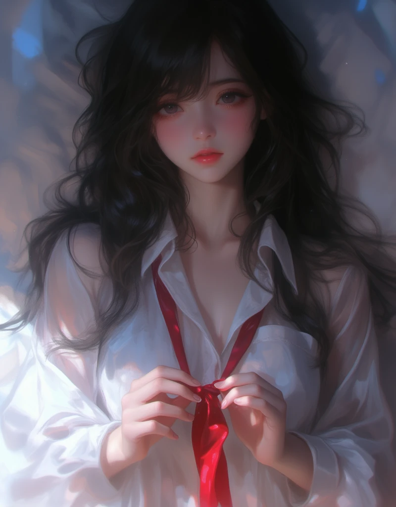 anime girl with long black hair and white shirt with a slight opening in the front, holding a red ribbon tie, hinata hyuga, she has black hair with bangs, junko enoshima, iwakura lain, shikamimi, shirabii, tumblr, Dreamy, Erotic vibes, a-1 pictures, rei hiroe, kimi takemura, as an anime character, abstract, Blurred, Perspective