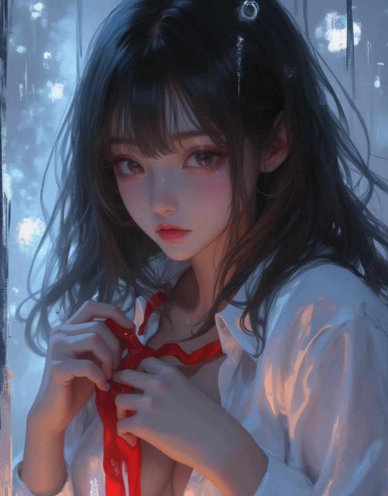 anime girl with long black hair and white shirt with a slight opening in the front, holding a red ribbon tie, hinata hyuga, she has black hair with bangs, junko enoshima, iwakura lain, shikamimi, shirabii, tumblr, Dreamy, Erotic vibes, a-1 pictures, rei hiroe, kimi takemura, as an anime character, abstract, Blurred, Perspective