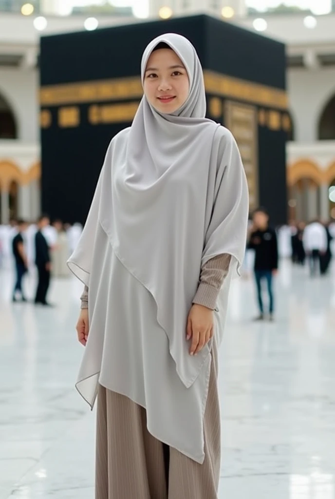  Beautiful indonesian woman, a bit chubby, wearing white hijab and muslim dress, standing on white marble floor, kaabah in the background, look at the viewer, cinematic light. 