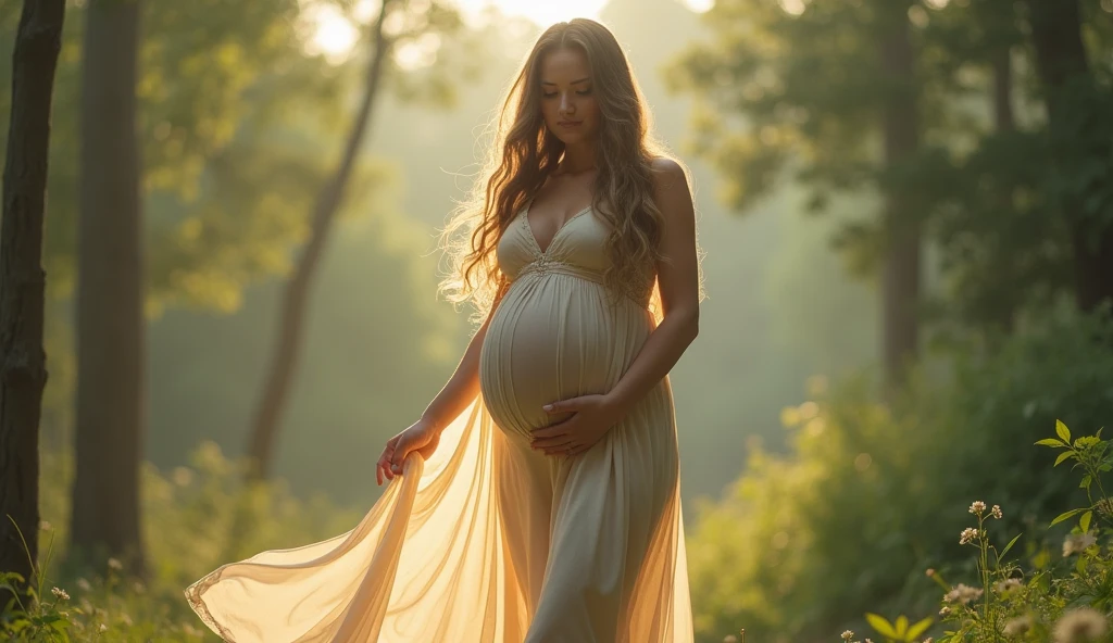 gestante, 9 meses, flowing dress, Unripe