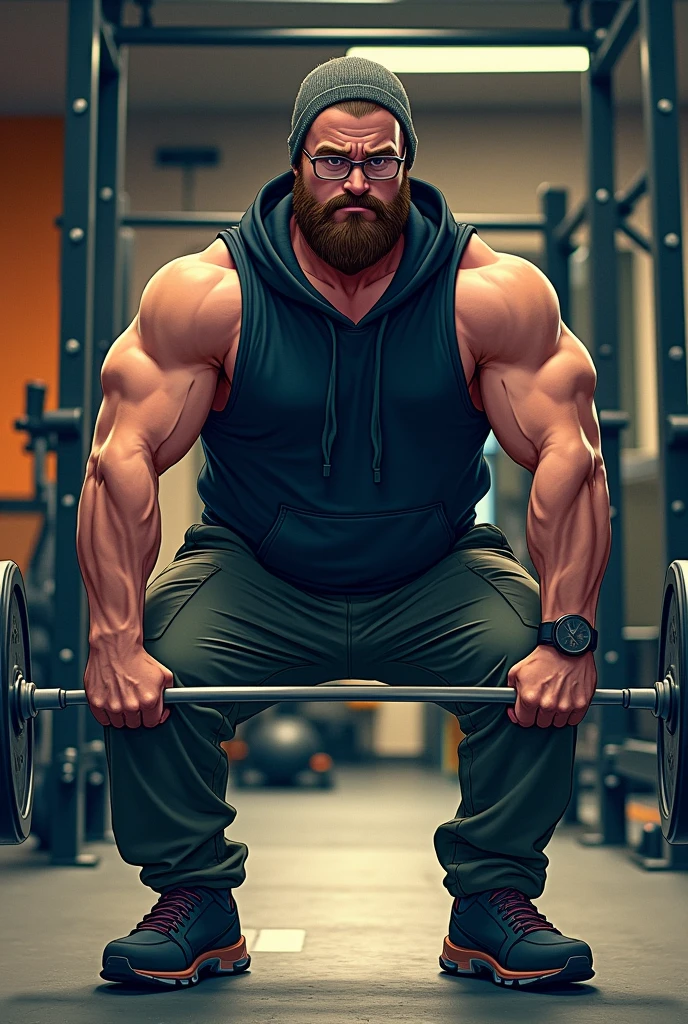 (work of art:1.2), high qualiy, high resolution, Anime-style illustration, very detailed, with vibrant coloring and high contrast. Em uma academia old school, the scene focuses on an impressive bodybuilder who is sitting on the bench press, not lying down. He is in a resting pose after a series of training, with his right hand resting on his thigh and the other lower down, showing off huge shoulders and arms full of veins and well-defined muscles. About the washers mounted on the iron bar, there is a slice of pizza or a can of Coca-Cola, adding a touch of humor to the scene.
No fundo, Lady Pool, a female version of Deadpool, is sensually positioned. She is sitting balanced on the small central space of the bench press bar., partially turned, with the back very visible. Your glutes are prominently highlighted, bigger and sexier, with legs slightly raised and resting on the bar. Your swimsuit highlights your curves in a striking way, with one eye covered by bangs and a subtle smile on his face. The perspective of the image focuses on the bodybuilder in front, but Lady Pool's sensual, accentuated buttocks in the background add a provocative element to the scene.