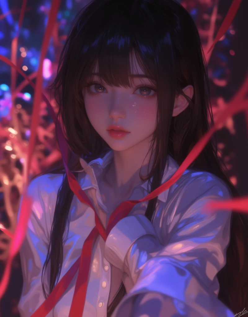 anime girl with long black hair and white shirt with a slight opening in the front, holding a red ribbon tie, hinata hyuga, she has black hair with bangs, junko enoshima, iwakura lain, shikamimi, shirabii, tumblr, Dreamy, Erotic vibes, a-1 pictures, rei hiroe, kimi takemura, as an anime character, abstract, Blurred, Perspective