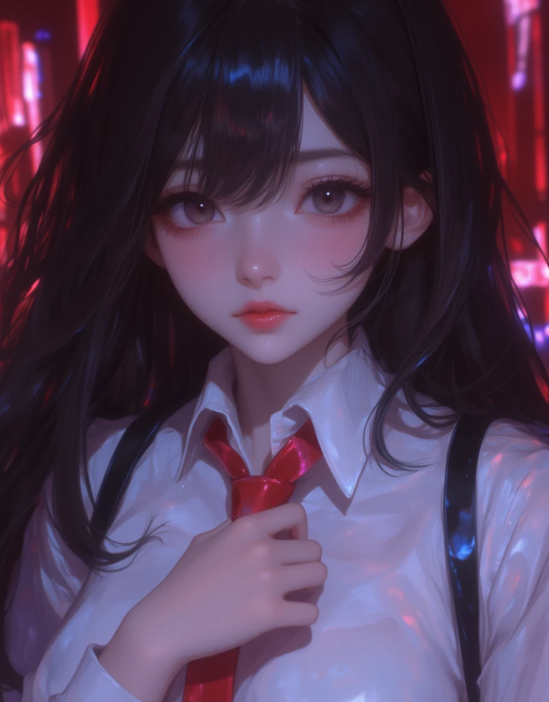 anime girl with long black hair and white shirt with a slight opening in the front, holding a red ribbon tie, hinata hyuga, she has black hair with bangs, junko enoshima, iwakura lain, shikamimi, shirabii, tumblr, Dreamy, Erotic vibes, a-1 pictures, rei hiroe, kimi takemura, as an anime character, abstract, Blurred, Perspective