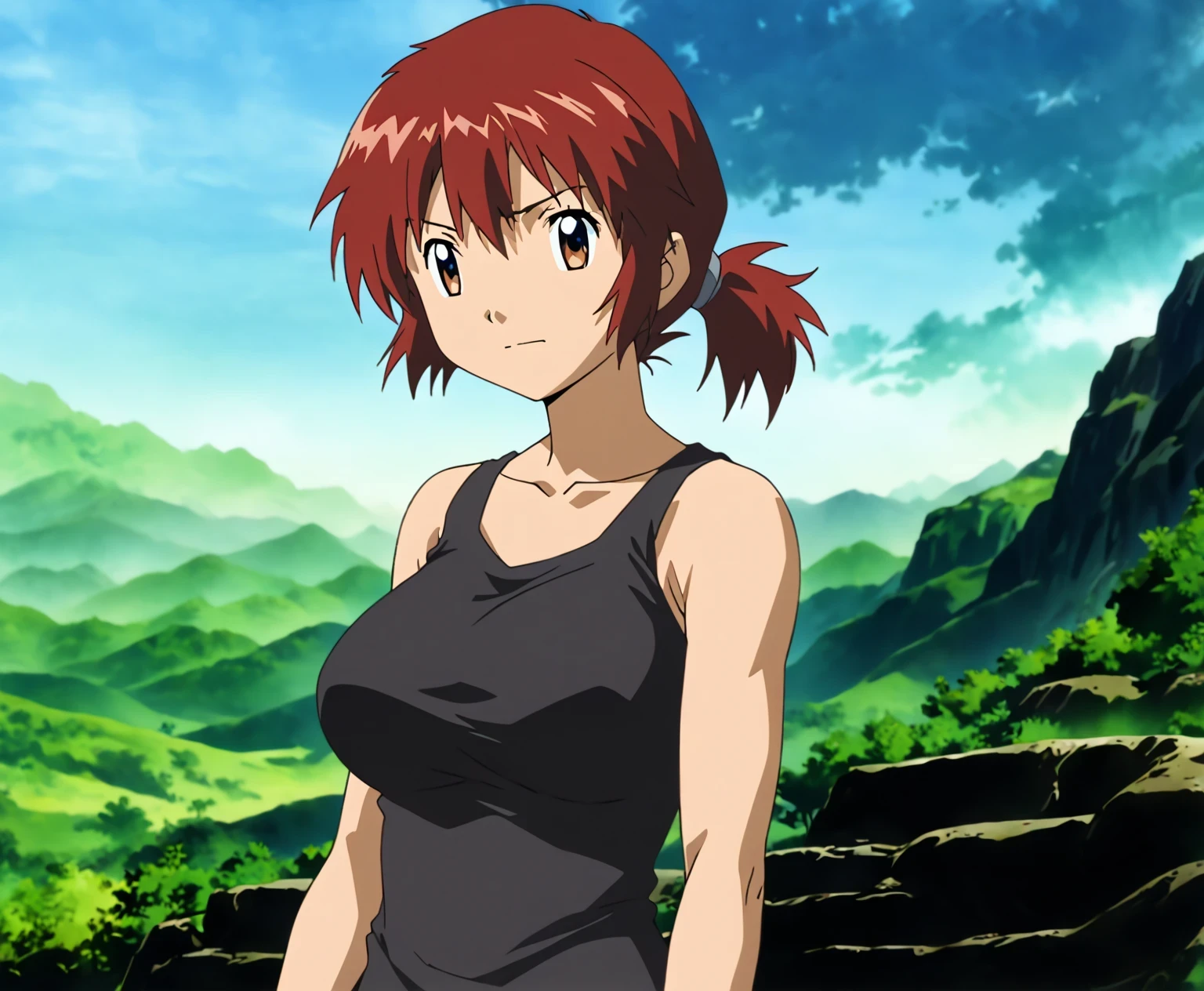 score 9 , score 8 up, score 7 up, source anime, 1girl,  red hairのアニメの girl, alone, Classic Girl, Vibrant,  girl,  created by anime Painter Studio, Handsome,  Girl Romance , Brave,  anime Style ,  official fanart ,  ponytail, Short Hair,  red hair, A faint smile,  Teal Eyelids,  visual novel ,  Colored Sketch anime manga Panel, Muscular Girl ,  2000s anime Art Style , Big Breasts, collarbone,  Big Breasts , anime/manga, Painted in an anime artist&#39;s studio, In anime style, feminine and Muscular,  fanart, clothing: black tank top,  Girl Wearing Denim Shorts, anime dick!!!!,  Skin Tight Tank Top , Bare shoulders, Painted in an anime artist&#39;s studio, plain tank top,  realistic anime art style,  digital anime art !!, basic tank top, Bare shoulders, Bare Arms,  in Bowwater art style,  captivating anime girl , anime Drawings, looking at viewer,  cowboy shot, girl focus, standing, outdoors, tomboy atmosphere, a manly girl, boyish atmosphere,