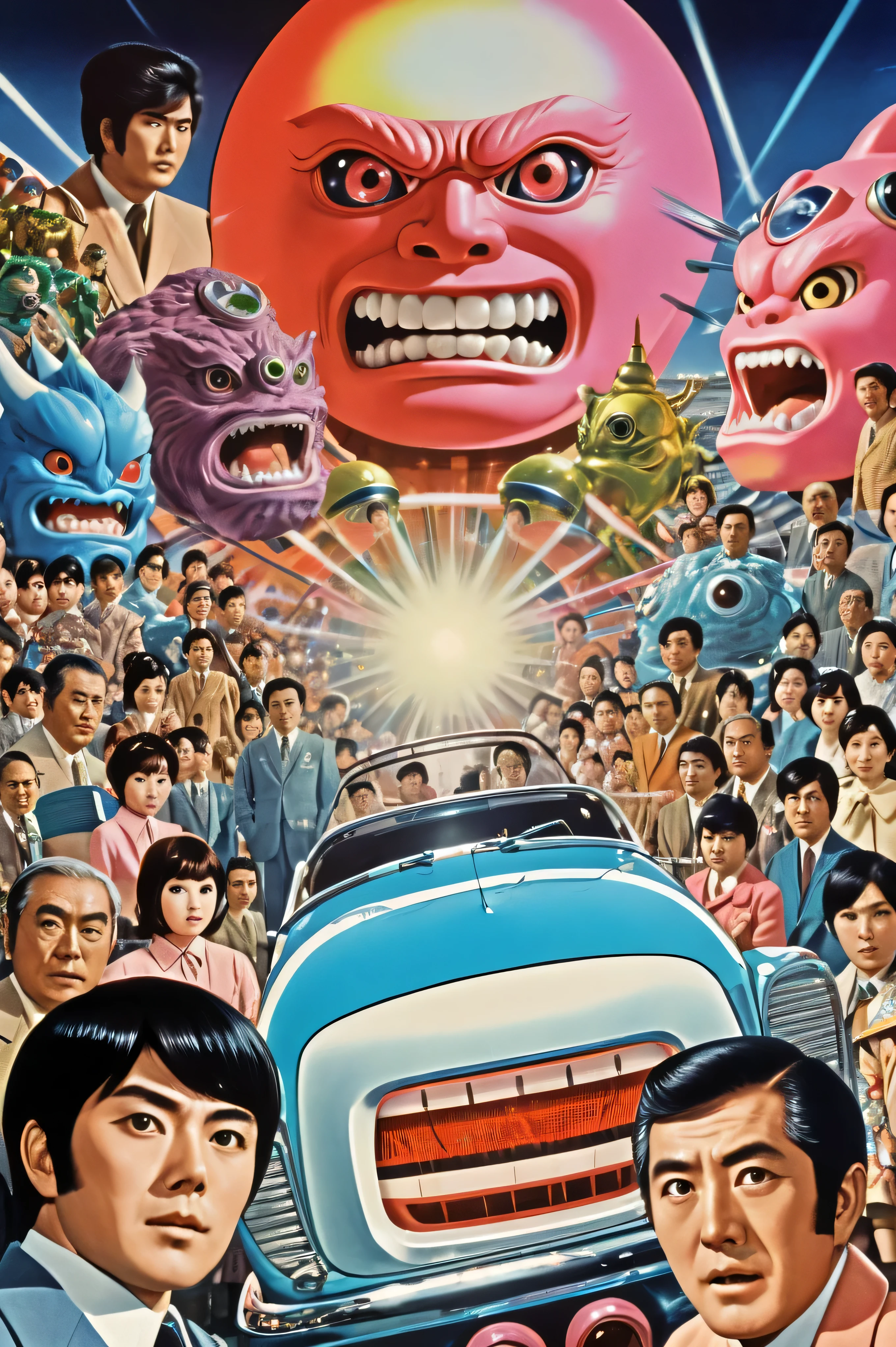 Manga characters, 1970's comic art , 1970's Japanese TV show monster, detailed Digital Paint, bright color, dynamic composition , Dramatic lighting, vintage aesthetics , ( top quality,4K,8k, high definition ,masterpiece:1.2), {{more}} ,( realistic ,photo realistic ,photo- realistic :1.37), Extremely Detailed Eyes and Faces , has long eyelashes, Beautifully Drawn , dynamic composition ,Dramatic lighting, bright color, retro anime style poster 、 retro futuristic ,1960s anime , 1970's Japanese TV , Tsuburaya Productions , large number of people , large number of enemy , SFX transformation hero , Manga art, Digital Paint