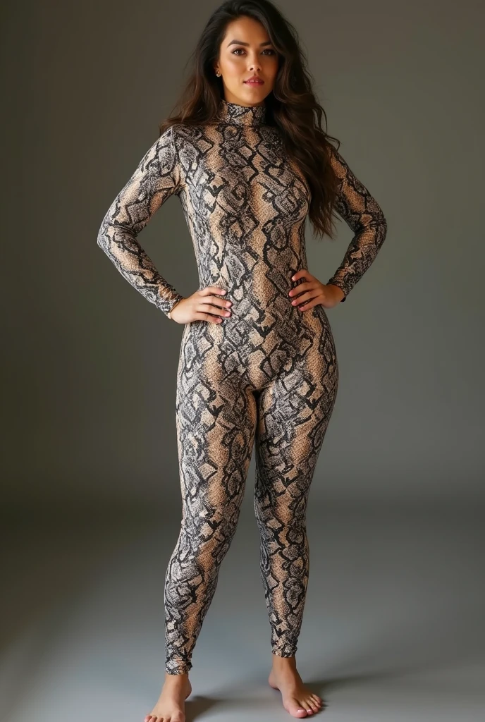 The beautiful asian women girl with beautiful cheeks wears snake print full lycra dancewear turtleneck unitard catsuit with snake print lycra elastane dancewear hood.She is happy at home.