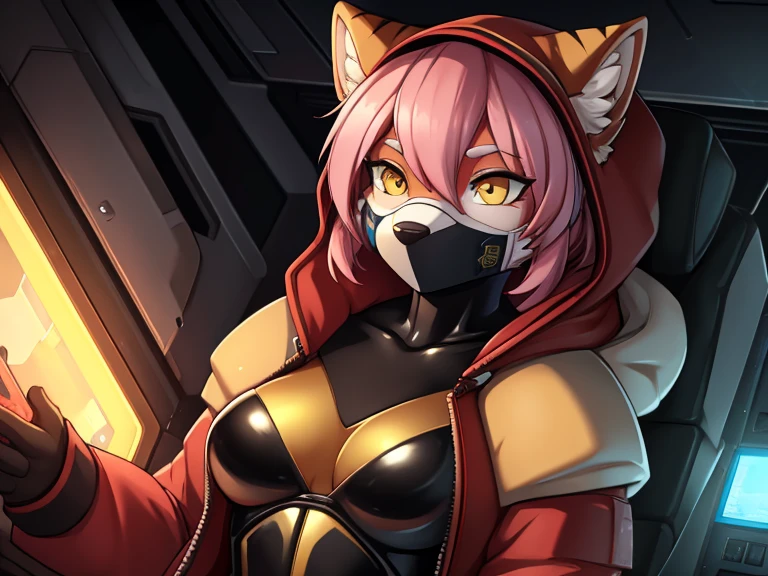 женщина anthro furry tiger wolf ,absurdity,  High definition,  ultra-detailed, 1 girl,oversized jacket with hood,(whole body,  in a latex suit ).  original character,girl, pink hair , yellow eyes ,shoulder length hair, complex mask that covers the entire face, military general, { better quality }}, {{ masterpiece fails}}, {{ ultra-detailed}}, {illustration}, {Detailed light}, Nuclear fusion.in the space station 