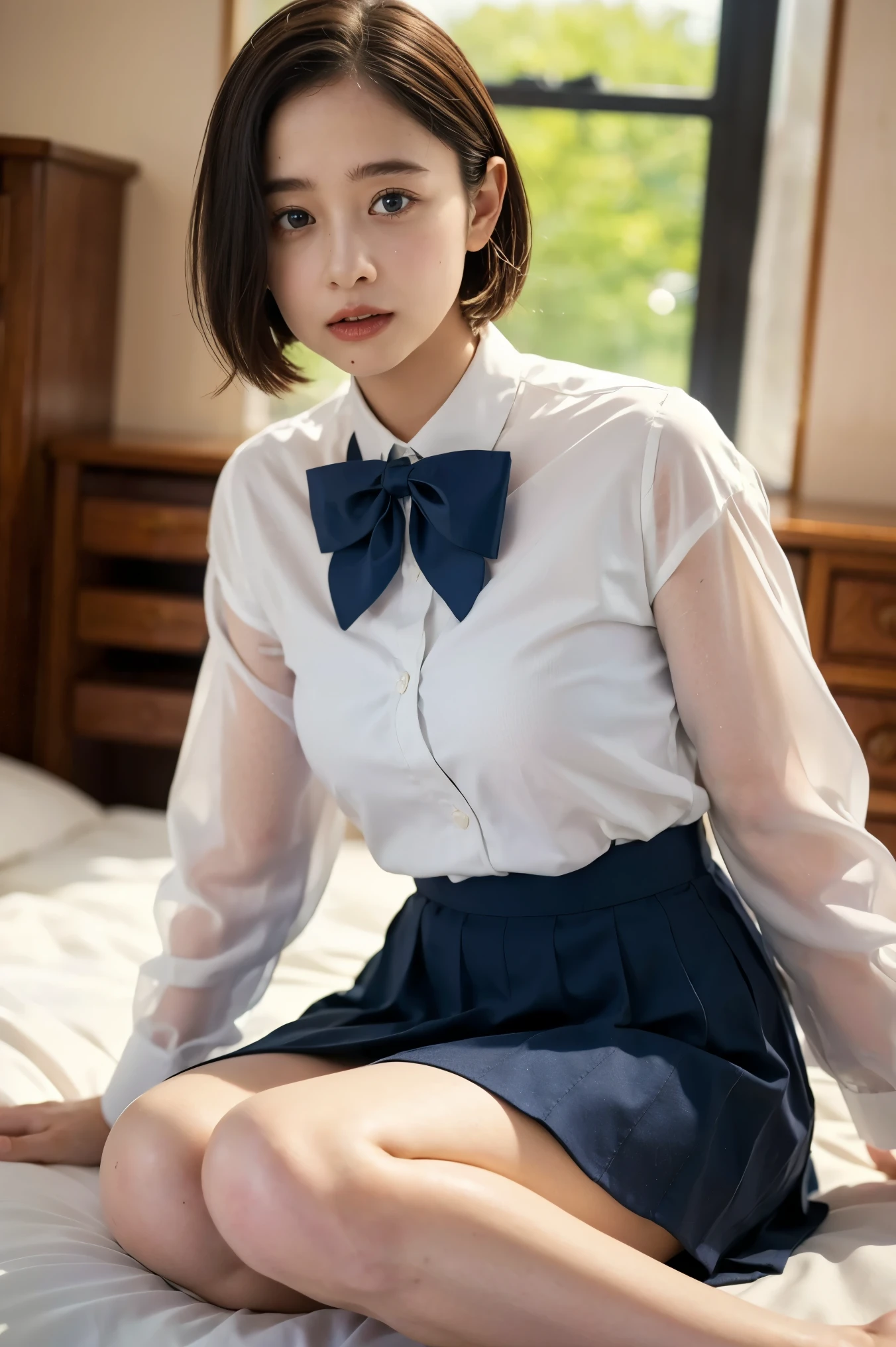 a beautiful young girl with short bob haircut, in her bedroom, wearing a navy blue pleated skirt, white dress shirt with long sleeves, bow ribbon, 1girl, detailed face, beautiful detailed eyes, beautiful detailed lips, extremely detailed eyes and face, long eyelashes, medium shot, bedroom interior, warm lighting, natural lighting, cinematic, intricate details, masterpiece, (best quality,4k,8k,highres,masterpiece:1.2),ultra-detailed,(realistic,photorealistic,photo-realistic:1.37),soft colors, pastel colors, elegant, fashionable, school uniform
