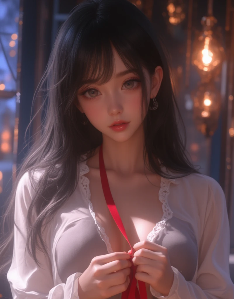 expand,(Scenes,Fantasy Art,Highest image quality,Hyperrealistic portrait,(8K),surreal,best quality,high quality,HD,textura de high quality,High Detail,Exquisite and detailed,Very detailed,Extreme CG details,Detailed texture,Realistic facial representation,mesa,present,Dynamic,bold),1 girl,Super fine skin,curve,,Beautiful breasts,Large Breasts,((Full and soft breasts,)))(((Large Breasts))) (((Cleavage)))Pale skin,Pointed chest,stand erect,ponytail,(Ultra-fine hairs),(super soft hair),(super straight hair),long bangs,very light copper amber hair,Hair covering one eye,Gymnastics suits
