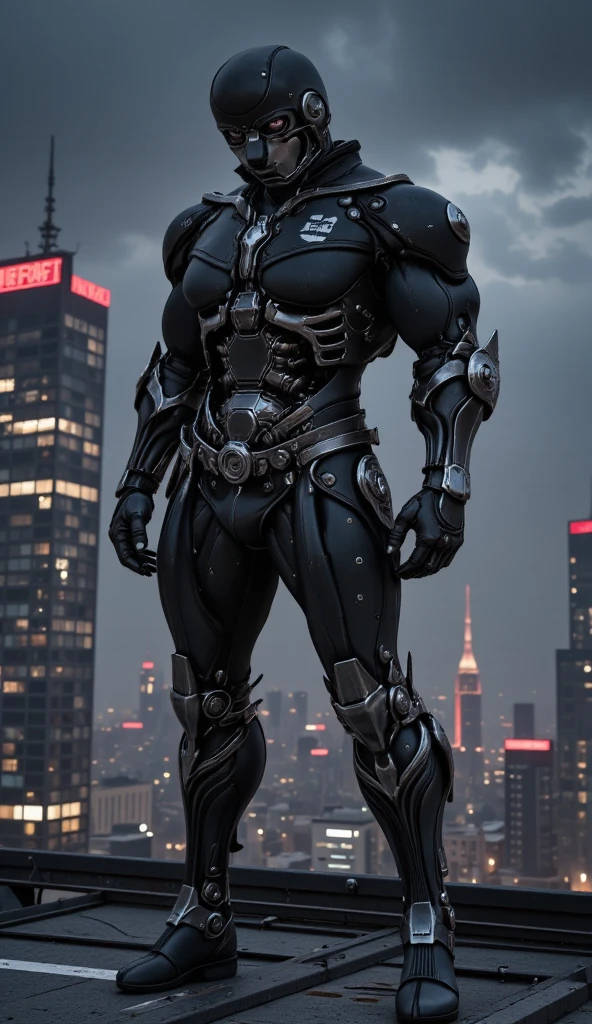 A full-body image of a muscular adult male.black leather full-body image 、and hood, a hooded person in invisible armor . wears leather armor, Tights.epic ninja suit, rogue.Leather fit to cover the whole body. smooth leather .Boy Teenage Assassin , stealth suit , cyberpunk assassin , stand on the roof of a skyscraper. . black night . Dark atmosphere .Low light.Weak lights cast dramatic shadows. Weird cyberpunk atmosphere . cyberpunk city.Futuristic tech style,robot,mecha skin,latex bodysuit .whole body image.Handheld composite mechanical giant bow.full body photo
