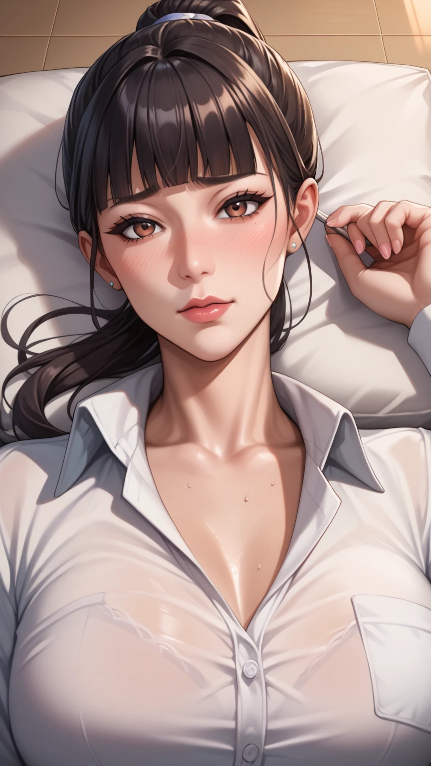 there is a woman sitting on a bed with a white shirt, gorgeous young korean woman, beautiful south korean woman, beautiful young korean woman, clothed in white shirt, korean girl, beautiful asian girl, elegant japanese woman, korean woman, beautiful asian woman, japanese goddess, japanese model, realistic young gravure idol, beautiful japanese girls face, wearing white shirt