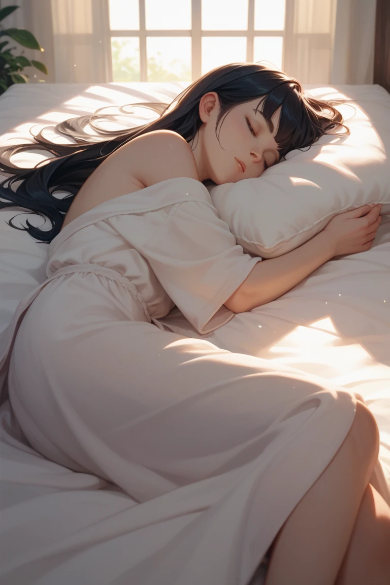 A masterpie、Realstic、best qualiy、photorealestic、Beautiful girl crawling into bed naked、Sleeping wrapped in sheets with profile facing the viewer、Uneven sheets to match style、close her eyes、long  hair
