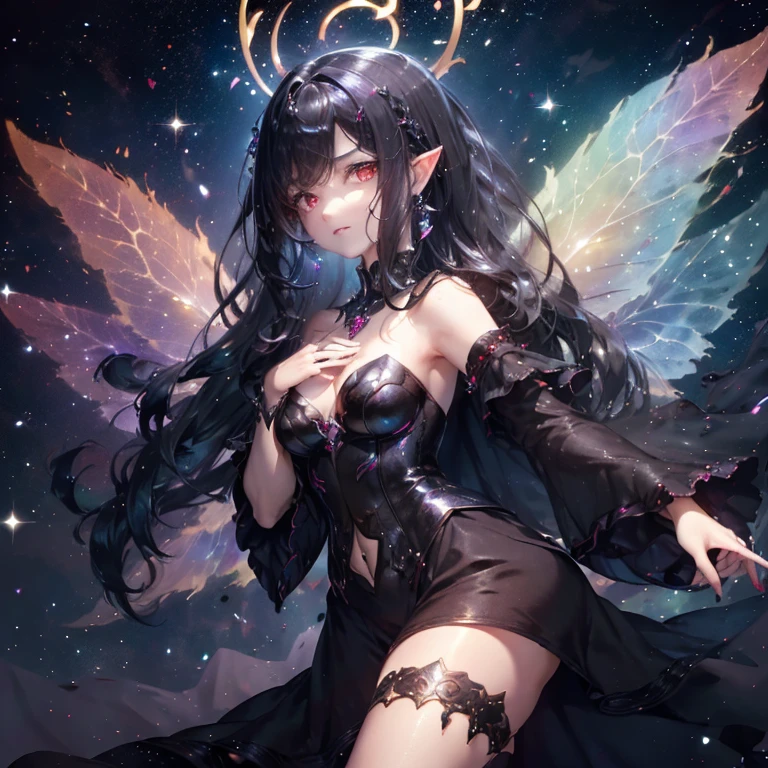  A fairy with iridescent wings and a serious expression ,  her black hair flowed delicately, and her red eyes reflected seriousness ,  her hand is adorned with shiny rings .