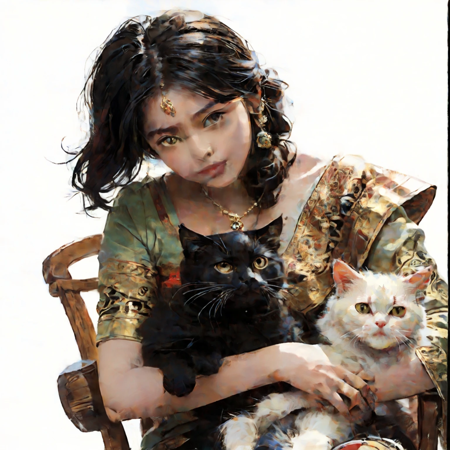 A girl, wearing saree, sari, sitting on a chair, holding two cats, oil painting 
Steps: 24, Sampler: DPM++ 2m, CFG scale: 7, Seed: 226280166, Size: 512x768, Model hash: bde6750eac, Model:  thick coating--majicMixFantasy _v20, Clip skip: 2, ADetailer Model: face_yolov8n.pt, ADetailer confidence: 0.3, ADetailer dilate/erode: 32, ADetailer mask blur: 4, ADetailer denoising strength: 0.4, ADetailer inpaint only masked:  true, ADetailer inpaint padding: 32, ADetailer version: 23.6.2, Lora hashes: "bichu-v0612: fbbebffec6fe", Version: v1.3.2, Hashes: {"VAE": "c6a580b13a", "Model": "bde6750eac"}