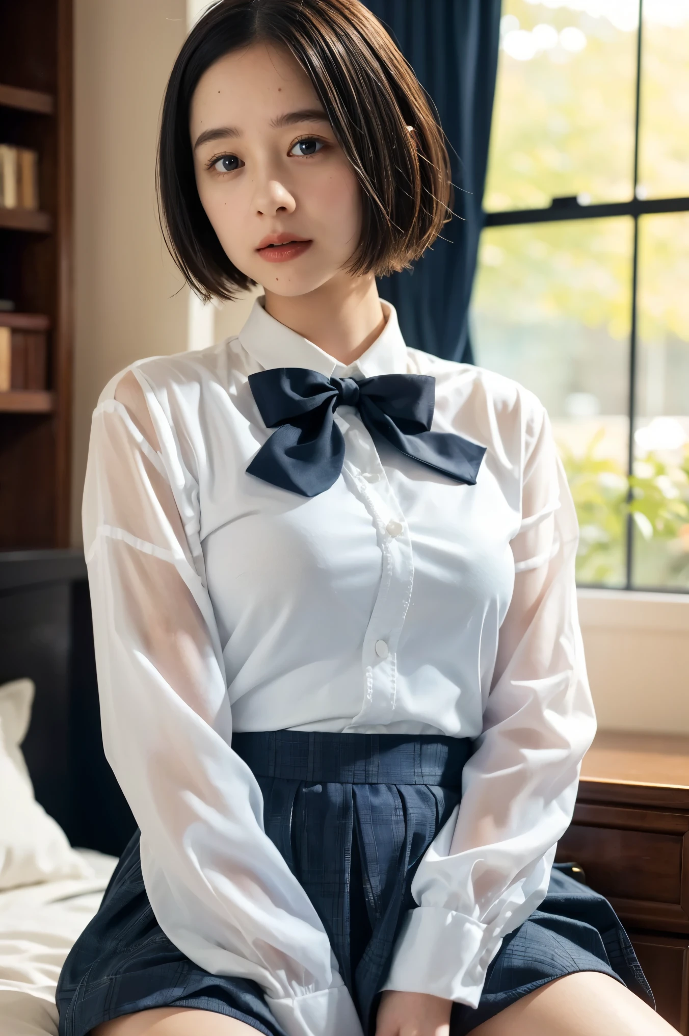 a beautiful young girl with short bob haircut, in her bedroom, spread legs, wearing a navy blue pleated skirt, white dress shirt with long sleeves, bow ribbon, 1girl, detailed face, beautiful detailed eyes, beautiful detailed lips, extremely detailed eyes and face, long eyelashes, medium shot, bedroom interior, warm lighting, natural lighting, cinematic, intricate details, masterpiece, (best quality,4k,8k,highres,masterpiece:1.2),ultra-detailed,(realistic,photorealistic,photo-realistic:1.37),soft colors, pastel colors, elegant, fashionable, school uniform