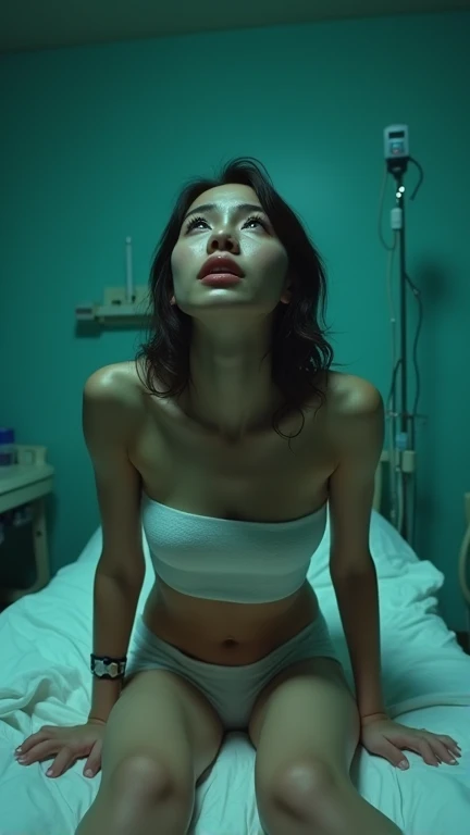 (((photorealism:1.2))), A professional-quality horror movie scene framed from just above the knees to the head, featuring a young Thai woman with fair skin and delicate, beautiful features that exude innocence and fragility. She is restrained on a hospital bed in a dimly lit, eerie room, wearing a short hospital gown, can see her underwear. Her slender arms and legs struggle against the restraints, with medical equipment and tangled tubes visible in the background, adding to the unsettling atmosphere. The flickering fluorescent lights create dramatic shadows on her face, emphasizing her tearful, terrified expression as she looks upward, crying for help. The composition conveys intense vulnerability and dread, perfect for promoting a horror movie.