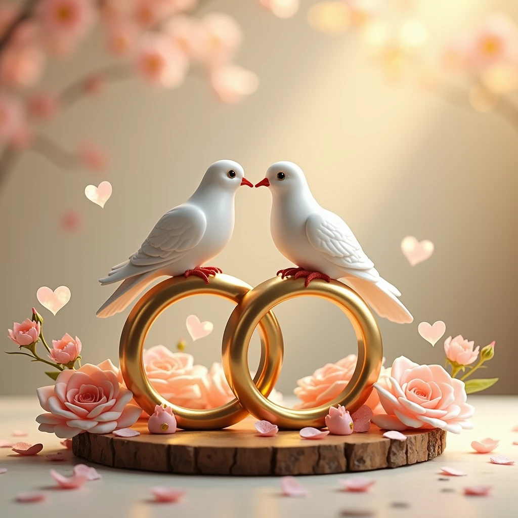  Two rings as a sign of infinity, beautiful gold rings with ,  beautiful snow-white pigeons with a cloth as white as gauze decorate the upper part of the picture against soft and bright flowers with hearts and flowers,  patterns clearly lie on a small carved wooden plaque of beautiful , Very Beautiful , Exactly, perfect,  masterpiece fails,  better quality , 8 k,  maximum details ,  complicated details, 