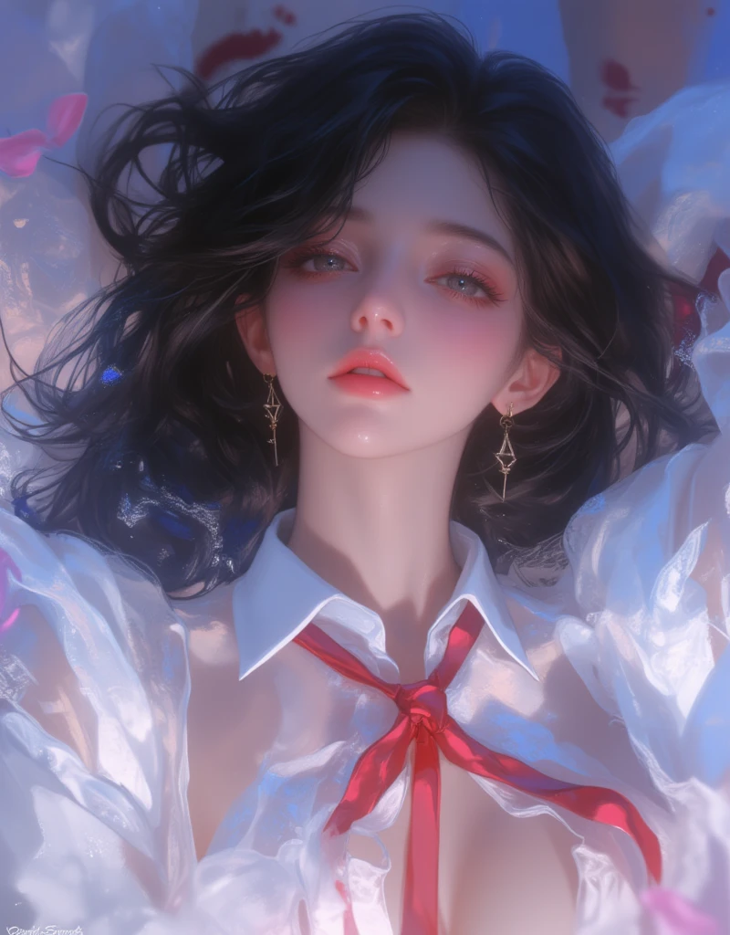 anime girl with long black hair and white shirt with a slight opening in the front, holding a red ribbon tie, hinata hyuga, she has black hair with bangs, junko enoshima, iwakura lain, shikamimi, shirabii, tumblr, Dreamy, Erotic vibes, a-1 pictures, rei hiroe, kimi takemura, as an anime character, abstract, Blurred, Perspective, xijie_blue