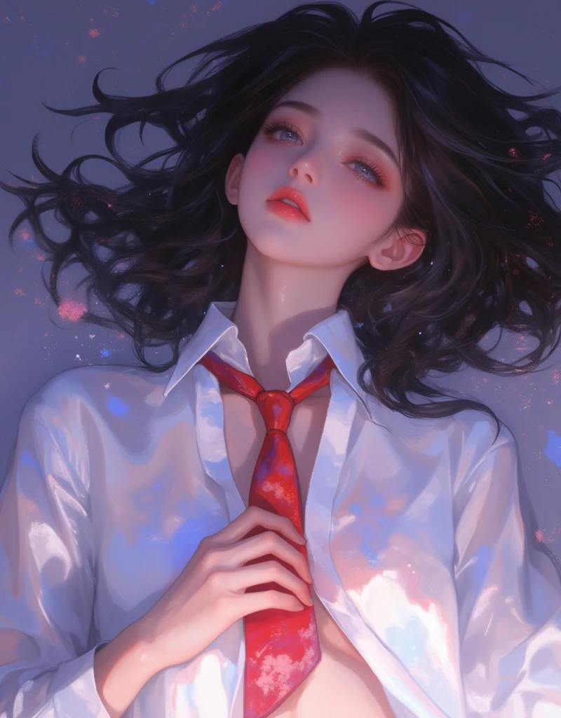 anime girl with long black hair and white shirt with a slight opening in the front, holding a red ribbon tie, hinata hyuga, she has black hair with bangs, junko enoshima, iwakura lain, shikamimi, shirabii, tumblr, Dreamy, Erotic vibes, a-1 pictures, rei hiroe, kimi takemura, as an anime character, abstract, Blurred, Perspective, xijie_blue