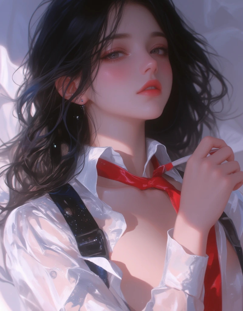 anime girl with long black hair and white shirt with a slight opening in the front, holding a red ribbon tie, hinata hyuga, she has black hair with bangs, junko enoshima, iwakura lain, shikamimi, shirabii, tumblr, Dreamy, Erotic vibes, a-1 pictures, rei hiroe, kimi takemura, as an anime character, abstract, Blurred, Perspective, xijie_blue