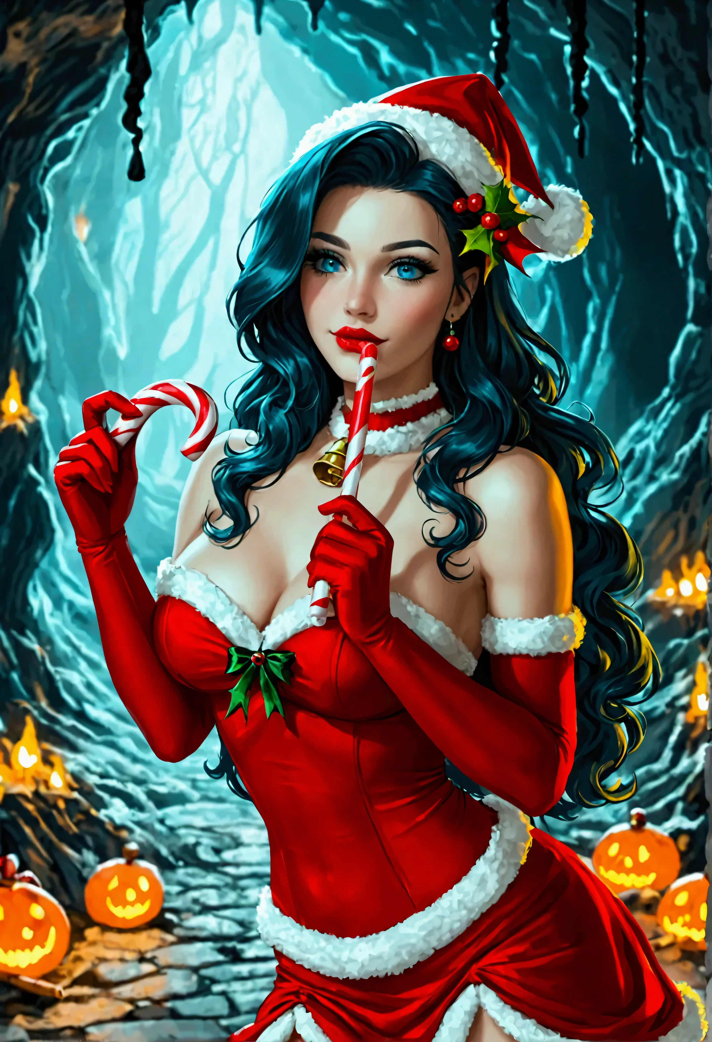A cute woman (role of one of Santa's assessing elves, sexy costume, candy cane themed weapons, cute) carves a bloody path of vengeance through a cave of gift stealing goblins (grim blo0dy battles)
