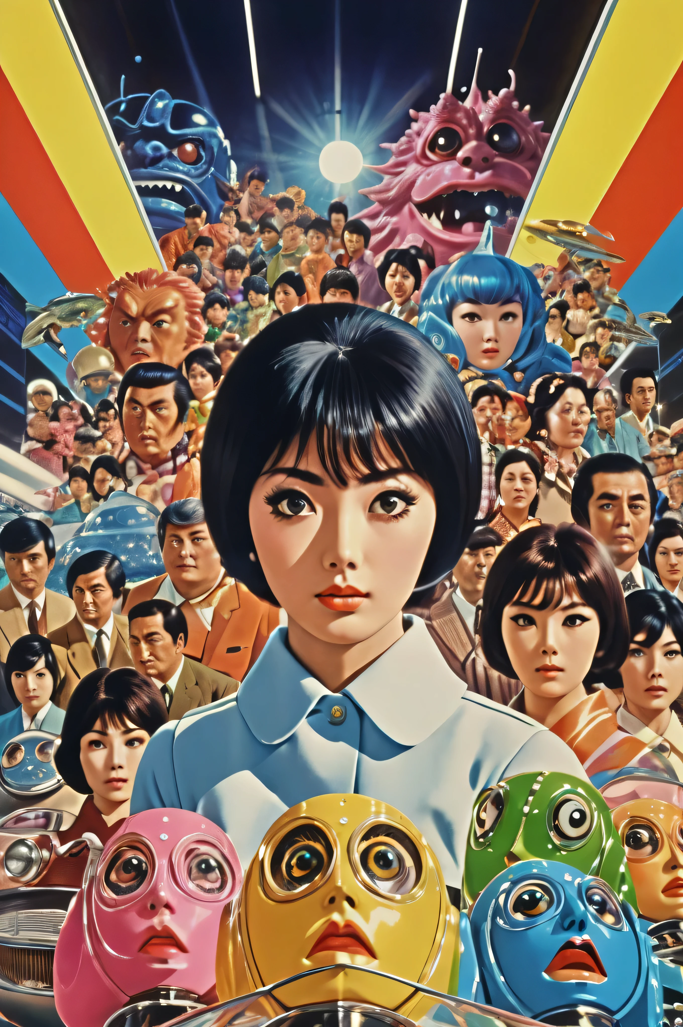 Manga characters, 1970's comic art , 1970's Japanese TV show monster, detailed Digital Paint, bright color, dynamic composition , Dramatic lighting, vintage aesthetics , ( top quality,4K,8k, high definition ,masterpiece:1.2), {{more}} ,( realistic ,photo realistic ,photo- realistic :1.37), Extremely Detailed Eyes and Faces , has long eyelashes, Beautifully Drawn , dynamic composition ,Dramatic lighting, bright color, retro anime style poster 、 retro futuristic ,1960s anime , 1970's Japanese TV , Tsuburaya Productions , many girls , SFX transformation hero , Manga art, Digital Paint