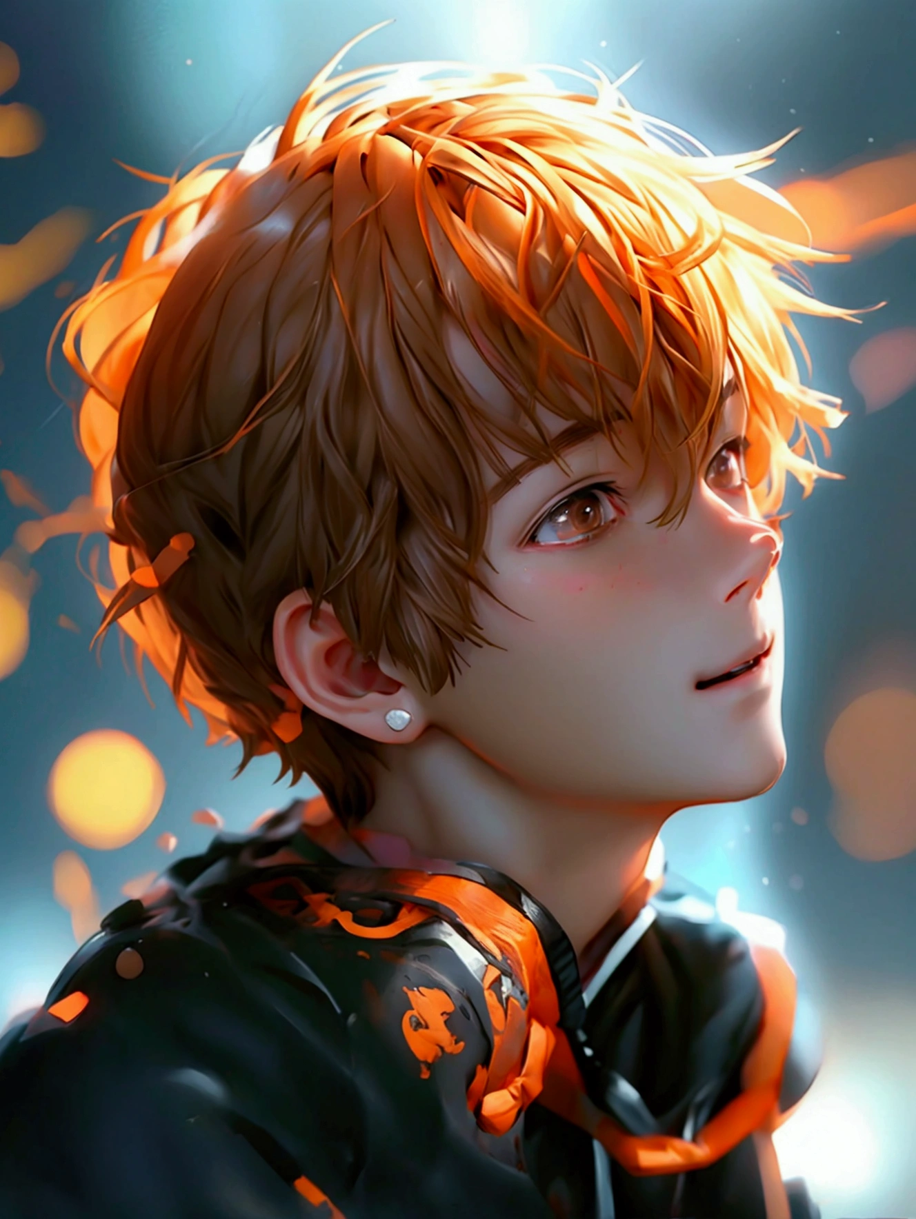 (Very realistic, concentrate、High resolution, Detailed face, Detailed Hair,fine grain)，Official Art，8k wallpaper，figure，((One boy)), Shorthair with light brown hair、Light brown eyes、smile, Trendy clothing，sneakers，whole body，orange hair, 