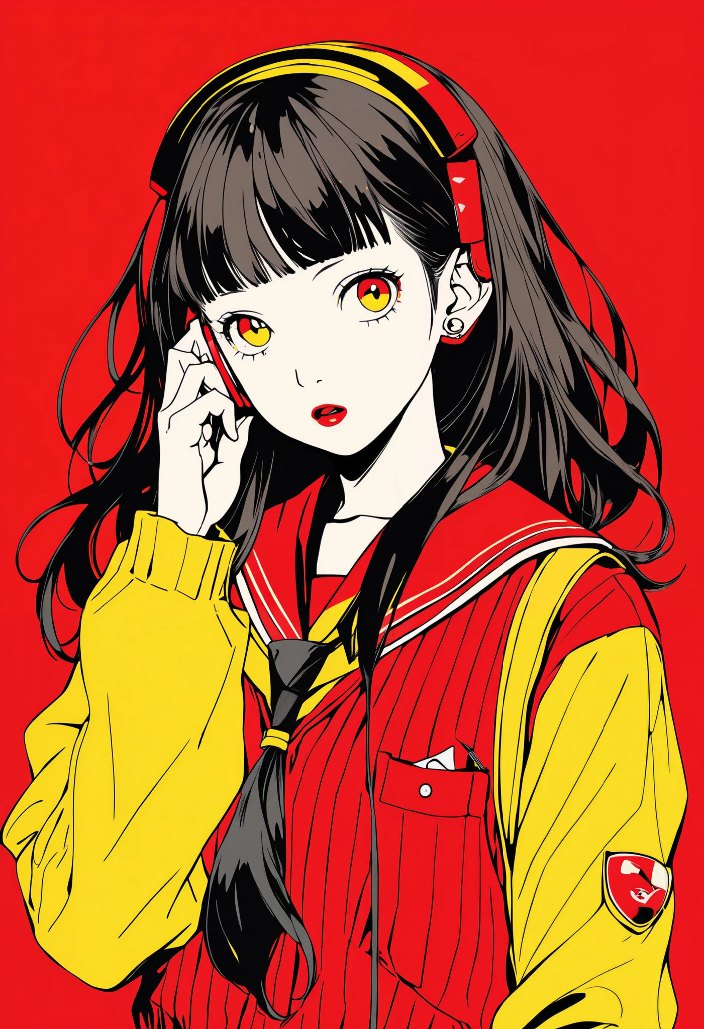 (best quality, sketch:1.2),realistic,illustrator,anime, yukikodef, red hairband, school uniform, red sweater, red cardigan, black sailor collar, yellow neckerchief, detailed lips,custom, canary yellow gradient background,textured cropping, masterpiece, style retro classic, noir dark, wearing headphones,