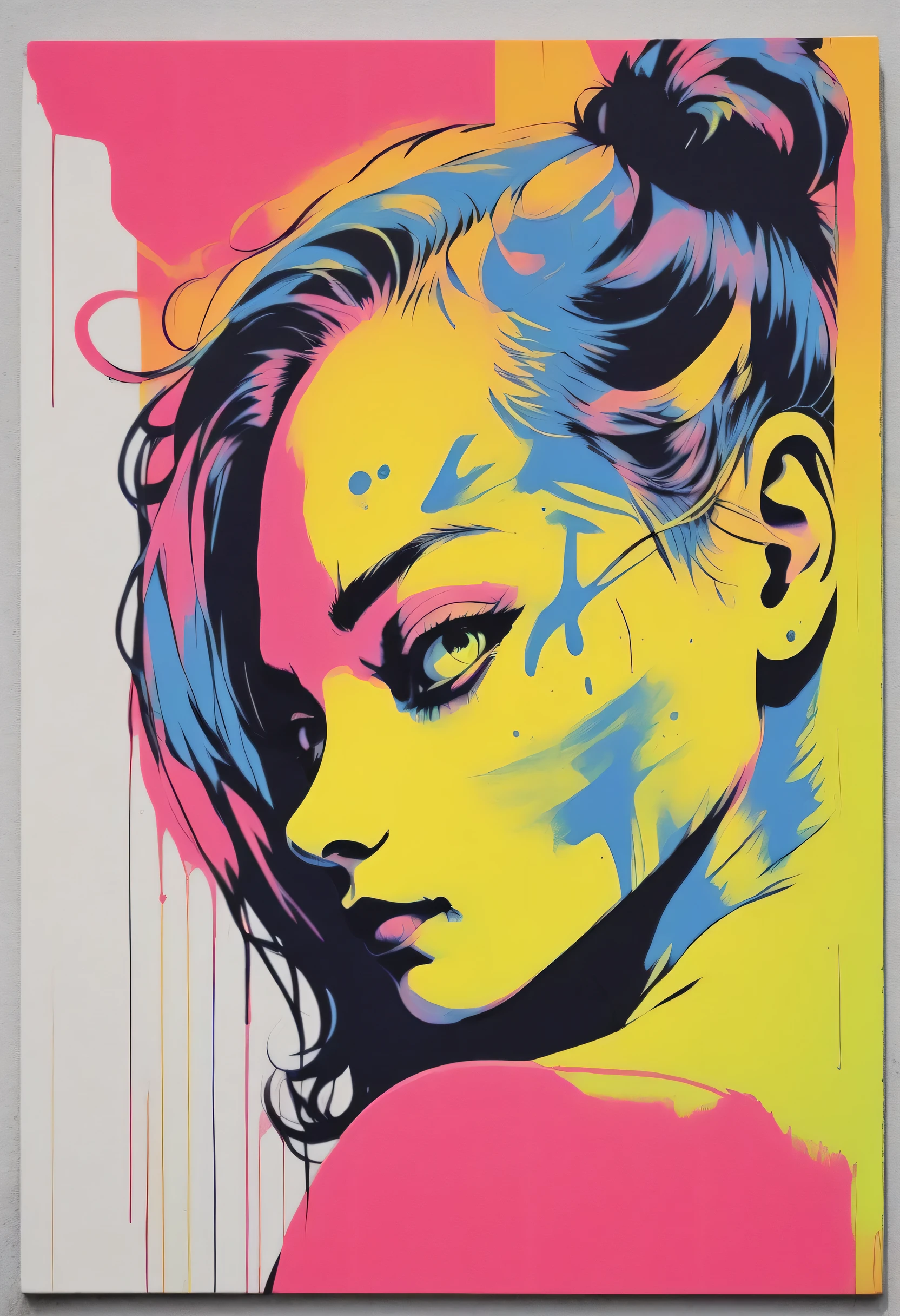   Minimalism  , Vector, modern Art, Girl and cat leaning against an arabesque tile wall、cat、 portrait、Girl covered in neon colored paint ,  Deep Shadows、