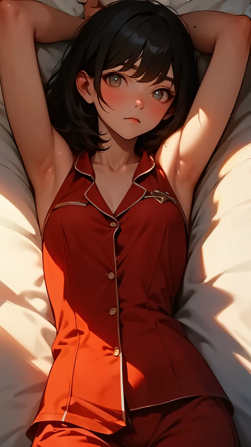 Black hair bob, detailed eyes, tight pajamas, lying on back in bed, arms up, armpits showing