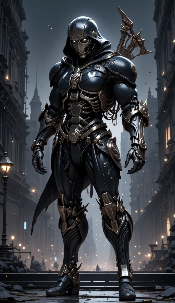 A full-body image of a muscular adult male.black leather full-body image 、and hood, a hooded person in invisible armor . wears leather armor, Tights.epic ninja suit, rogue.Leather fit to cover the whole body. smooth leather .Boy Teenage Assassin , stealth suit , cyberpunk assassin , stand on the roof of a skyscraper. . black night . Dark atmosphere .Low light.Weak lights cast dramatic shadows. Weird cyberpunk atmosphere . cyberpunk city.Futuristic tech style,robot,mecha skin,latex bodysuit .whole body image.Handheld composite mechanical giant bow.full body photo
