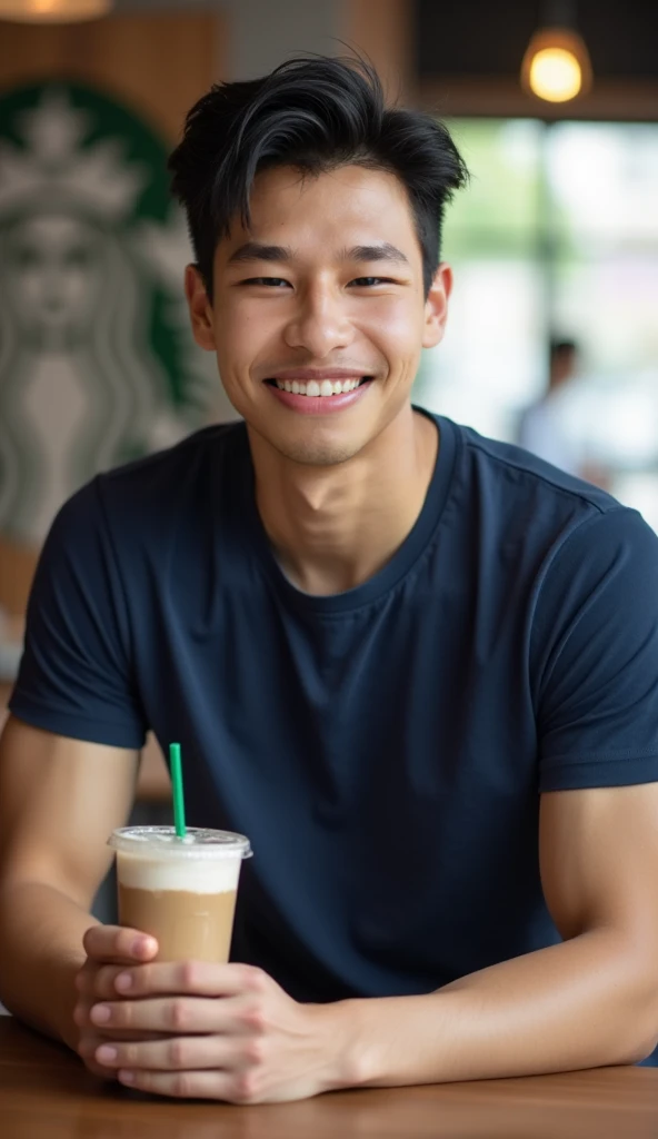 A happy character with a drink in his hand and black tapioca in his smile