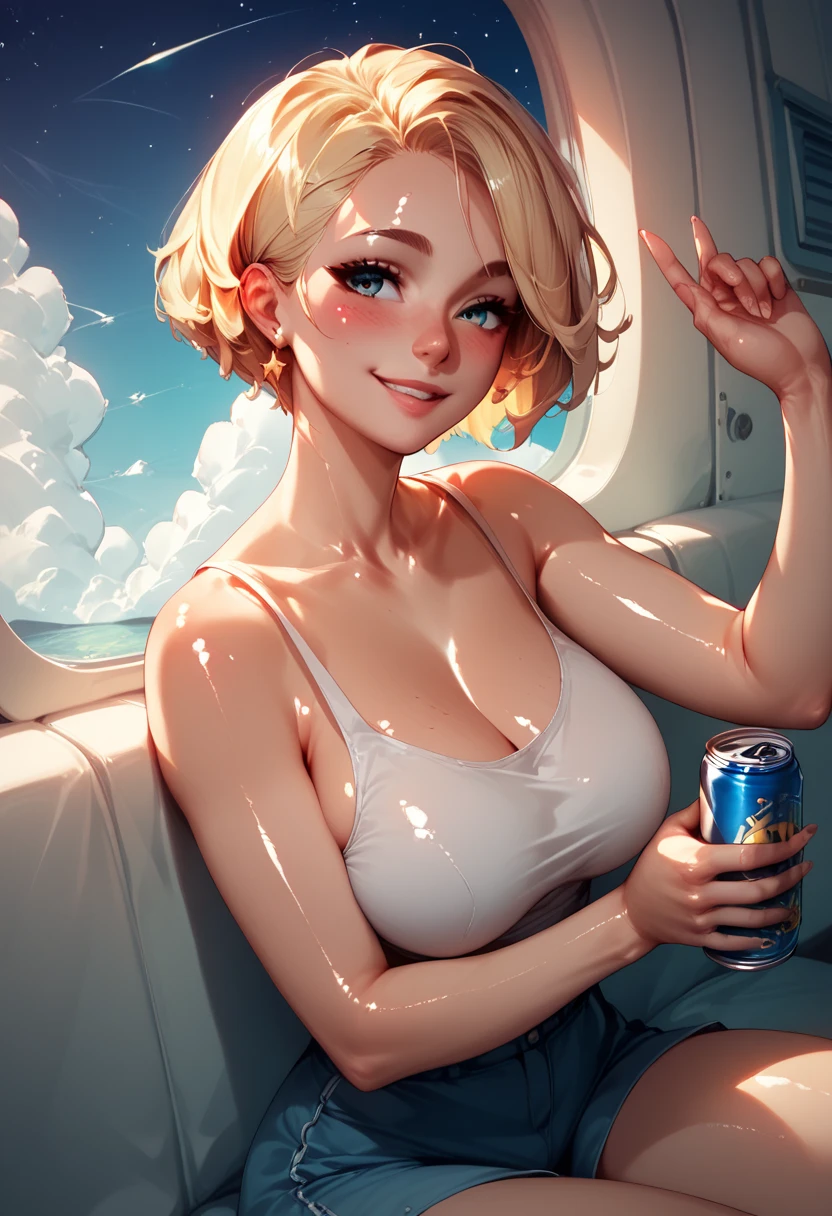 shiny skin,large breasts,Impish smile,blush,A young sexy woman with short hair and blonde hair in sexy clothes sits in a spaceship seat、 beautiful starry sky can be seen from the window。