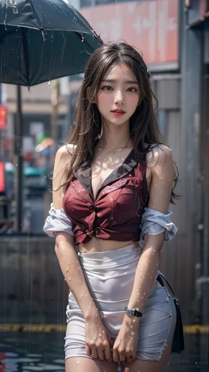 ((Best Quality, 8K, Masterpiece:1.3)), Focus: 1.2, Perfect Body Beauty: 1.4, Buttocks: 1.2, ((Layered Haircut, Breasts: 1.2)), (Wet Clothes: 1.1) , (Rain, Street:1.3), Bandeau Dress: 1.1, Highly Detailed Face and Skin Texture, Delicate Eyes, Double Eyelids, Whitened Skin, Long Hair