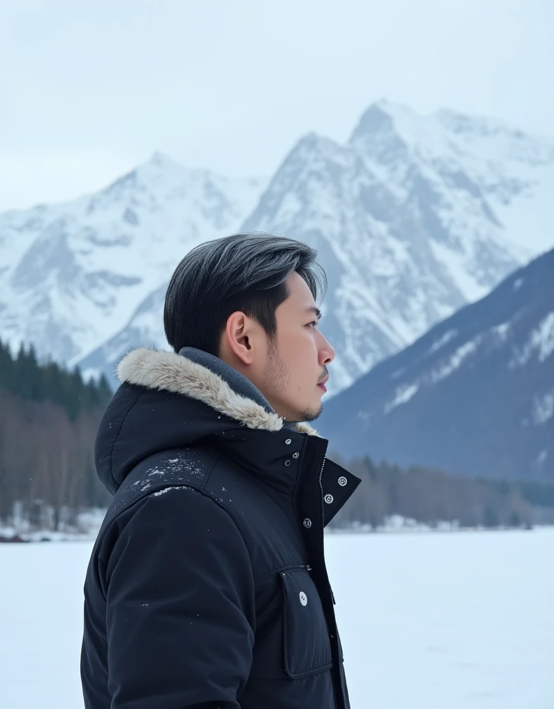 jojo, 37-year-old male, Masterpiece, best quality best East Asian people, one person, 8k, high detail, high detail, detail eyes, hyper realistic, (photorealism:1.2), Black hair with gray Sporadic, HD picture, A man in a cozy winter coat stands amidst the breathtaking Dagu Glacier National Park backdrop It's snowing, where snow-capped peaks tower under a crisp, icy sky. The air is frigid, her breath visible as she gazes at the serene, frosty landscape. The scene exudes tranquility and nature's raw beauty. highly detailed, detail libs, detail eyes, detail nose, perfect shape, detail face, short hair,