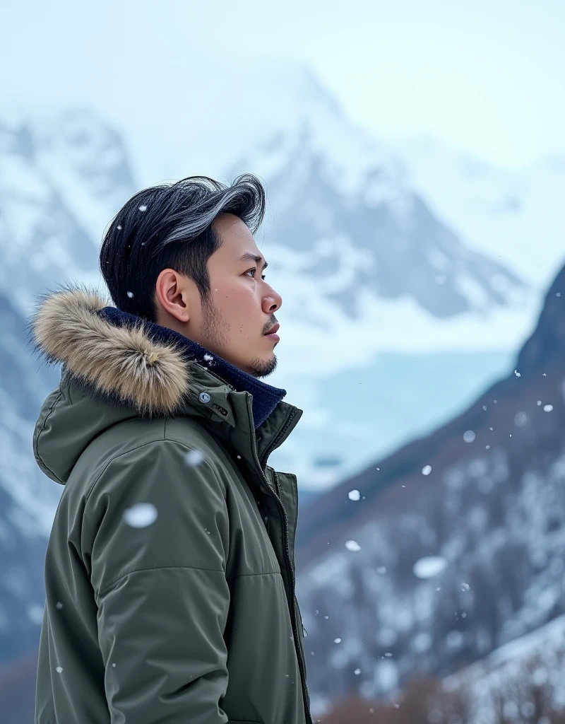 jojo, 37-year-old male, Masterpiece, best quality best East Asian people, one person, 8k, high detail, high detail, detail eyes, hyper realistic, (photorealism:1.2), Black hair with gray Sporadic, HD picture, A man in a cozy winter coat stands amidst the breathtaking Dagu Glacier National Park backdrop It's snowing, where snow-capped peaks tower under a crisp, icy sky. The air is frigid, her breath visible as she gazes at the serene, frosty landscape. The scene exudes tranquility and nature's raw beauty. highly detailed, detail libs, detail eyes, detail nose, perfect shape, detail face, short hair,