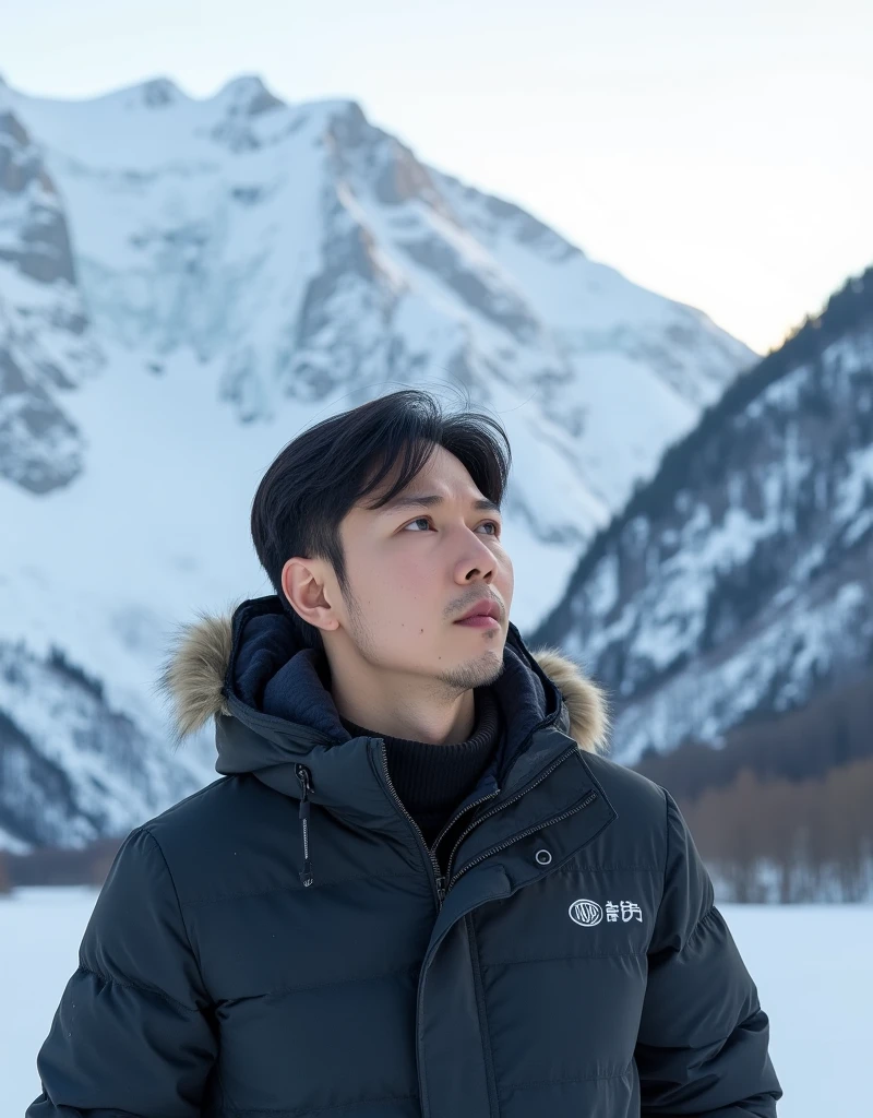 jojo, 37-year-old male, Masterpiece, best quality best East Asian people, one person, 8k, high detail, high detail, detail eyes, hyper realistic, (photorealism:1.2), Black hair with gray Sporadic, HD picture, A man in a cozy winter coat stands amidst the breathtaking Dagu Glacier National Park backdrop It's snowing, where snow-capped peaks tower under a crisp, icy sky. The air is frigid, her breath visible as she gazes at the serene, frosty landscape. The scene exudes tranquility and nature's raw beauty. highly detailed, detail libs, detail eyes, detail nose, perfect shape, detail face, short hair,