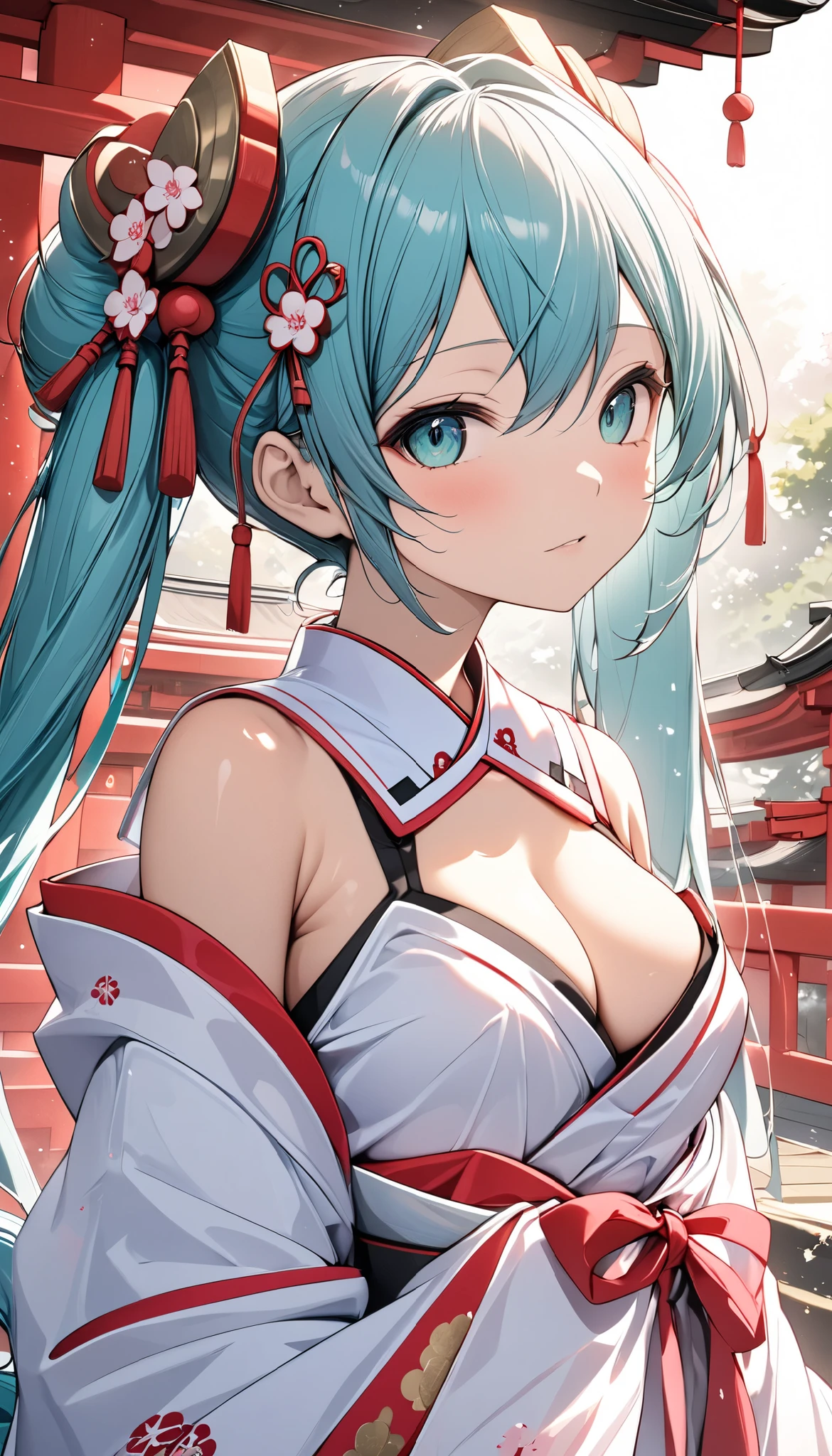 masterpiece, best quality, hatsune miku, kunoichi dress, twintails, smile, upper body BREAK dojo, japanese architecture, cherry blossom