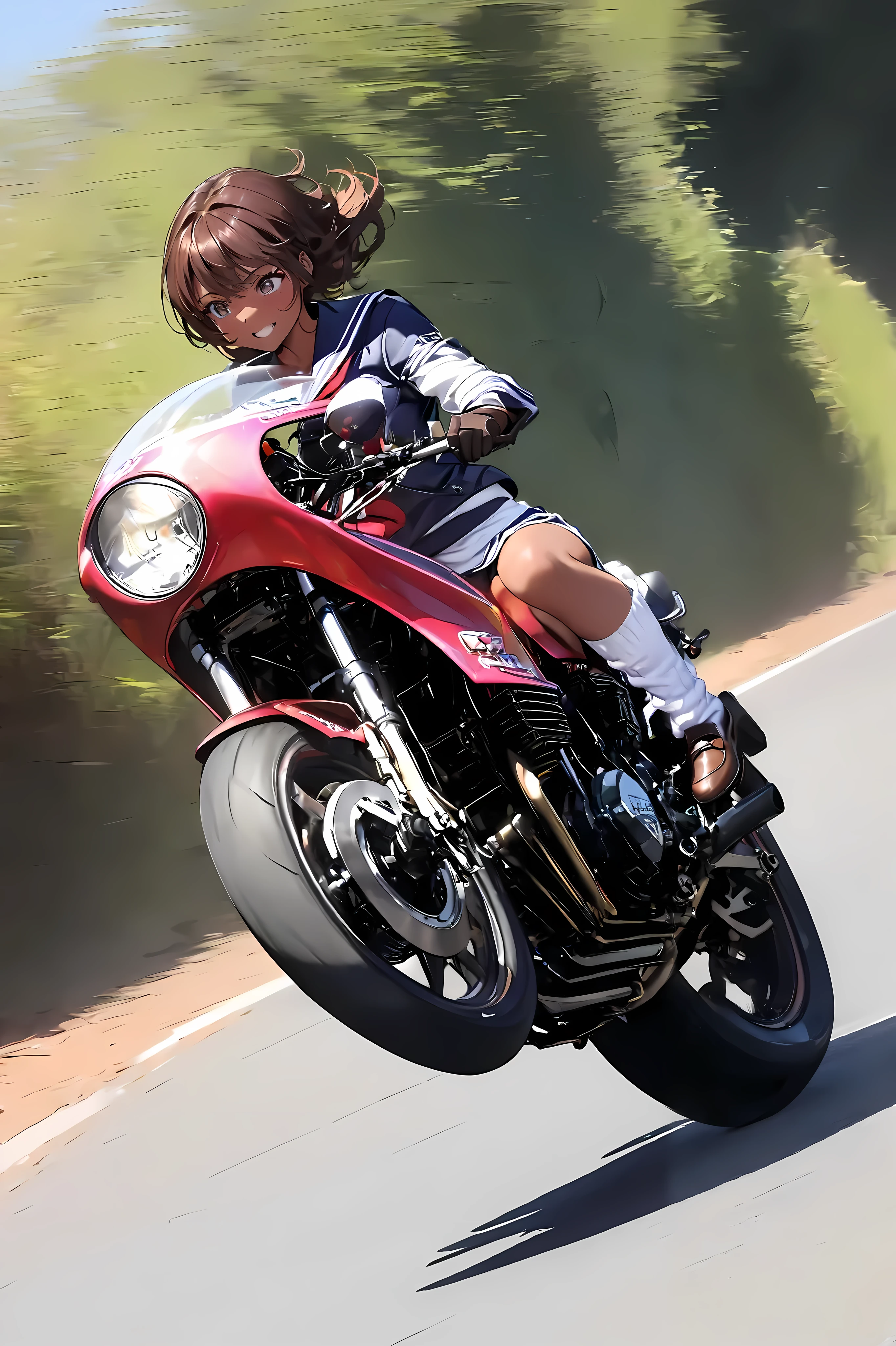 1 high school girl rides a motorcycle tuned to Honda CBX400F cafe racer specifications, a separate handlebars, rocket cowl, sailor suit, loose socks, loafers, glossy brown skin, small breasts, video, inviting , top quality , leather gloves